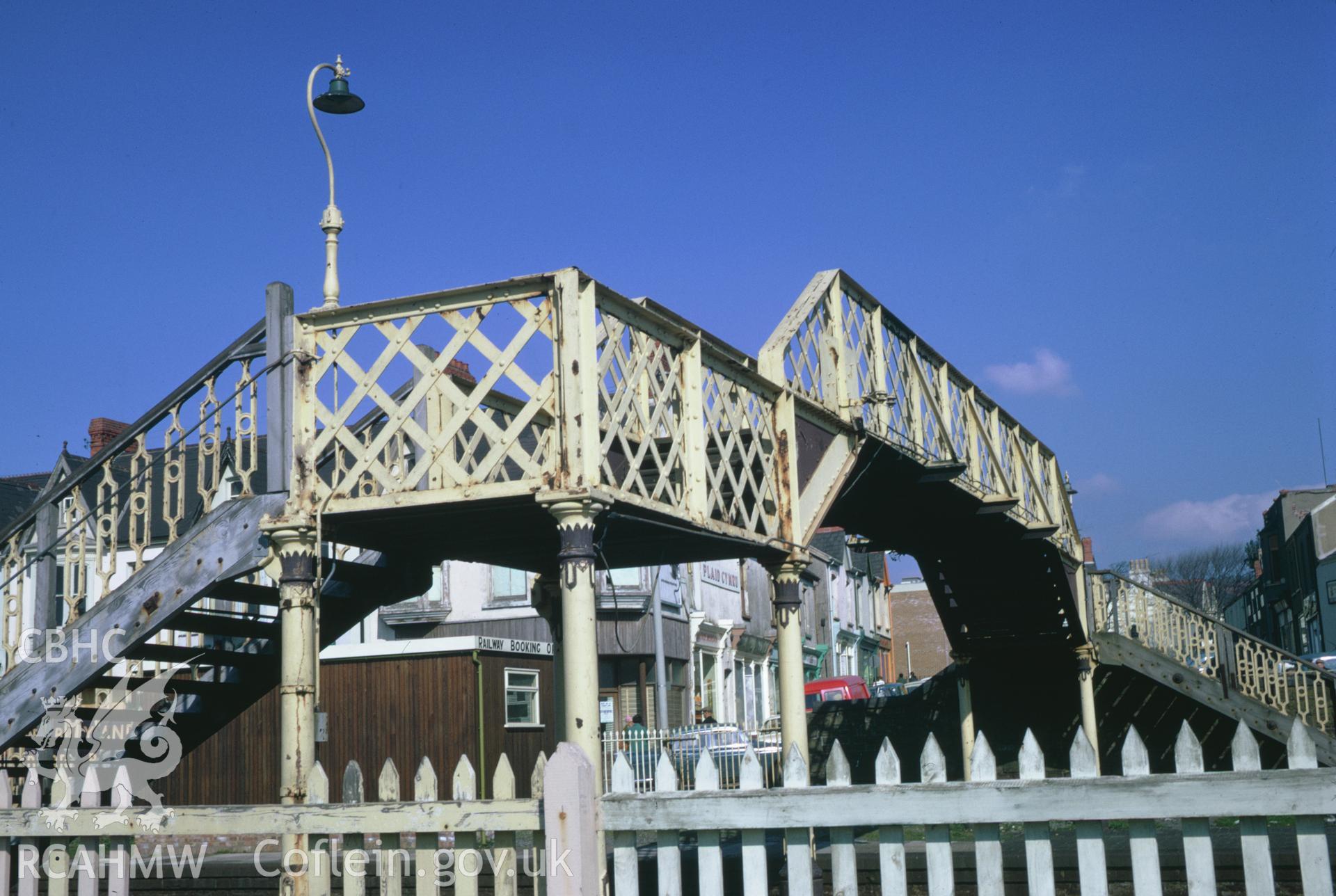 35mm colour slide showing the foot bridge at Burry Port Station, Carmarthenshire by Dylan Roberts.