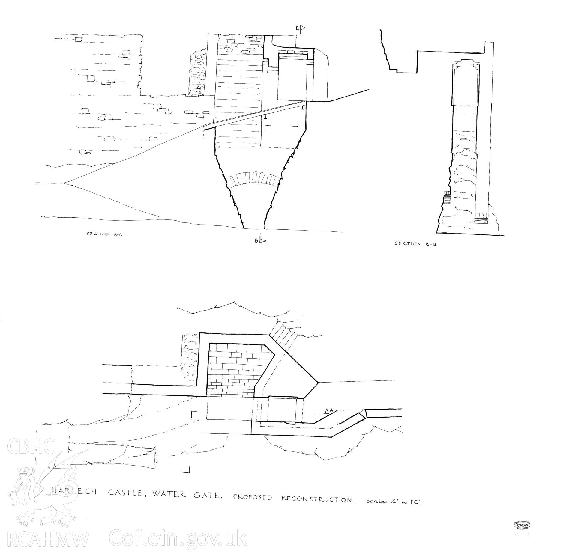 Cadw guardianship monument drawing of Harlech Castle. Watergate, plan + 2 sections. Cadw Ref. No:86//88. Scale 1:48.