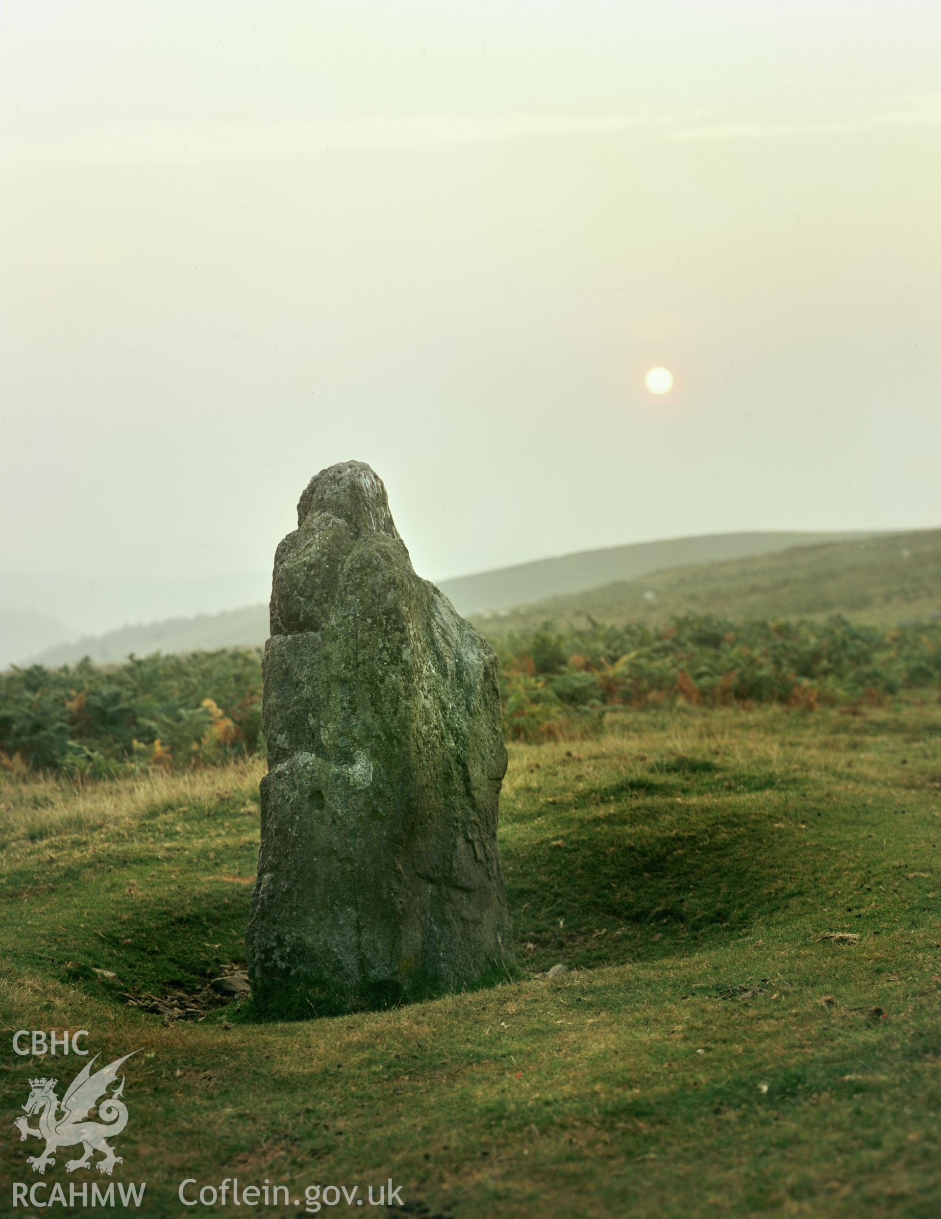 RCAHMW colour transparency of a view of the standing stone at Maen Richard.
