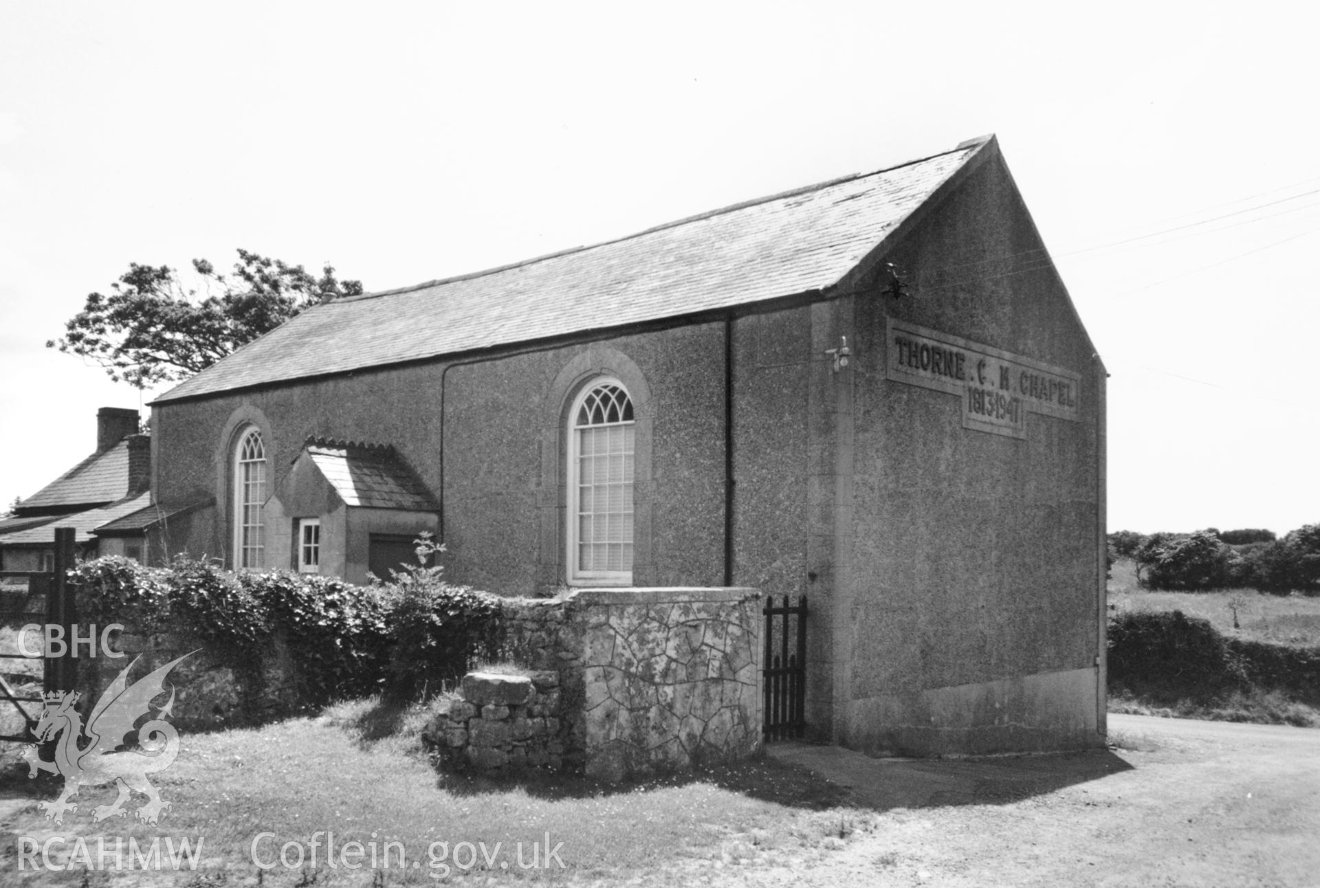 Digital copy of a black and white photograph showing an exterior view of Thorne Calvinistic Methodist Chapel,  Merrion, taken by Robert Scourfield, c.1996.