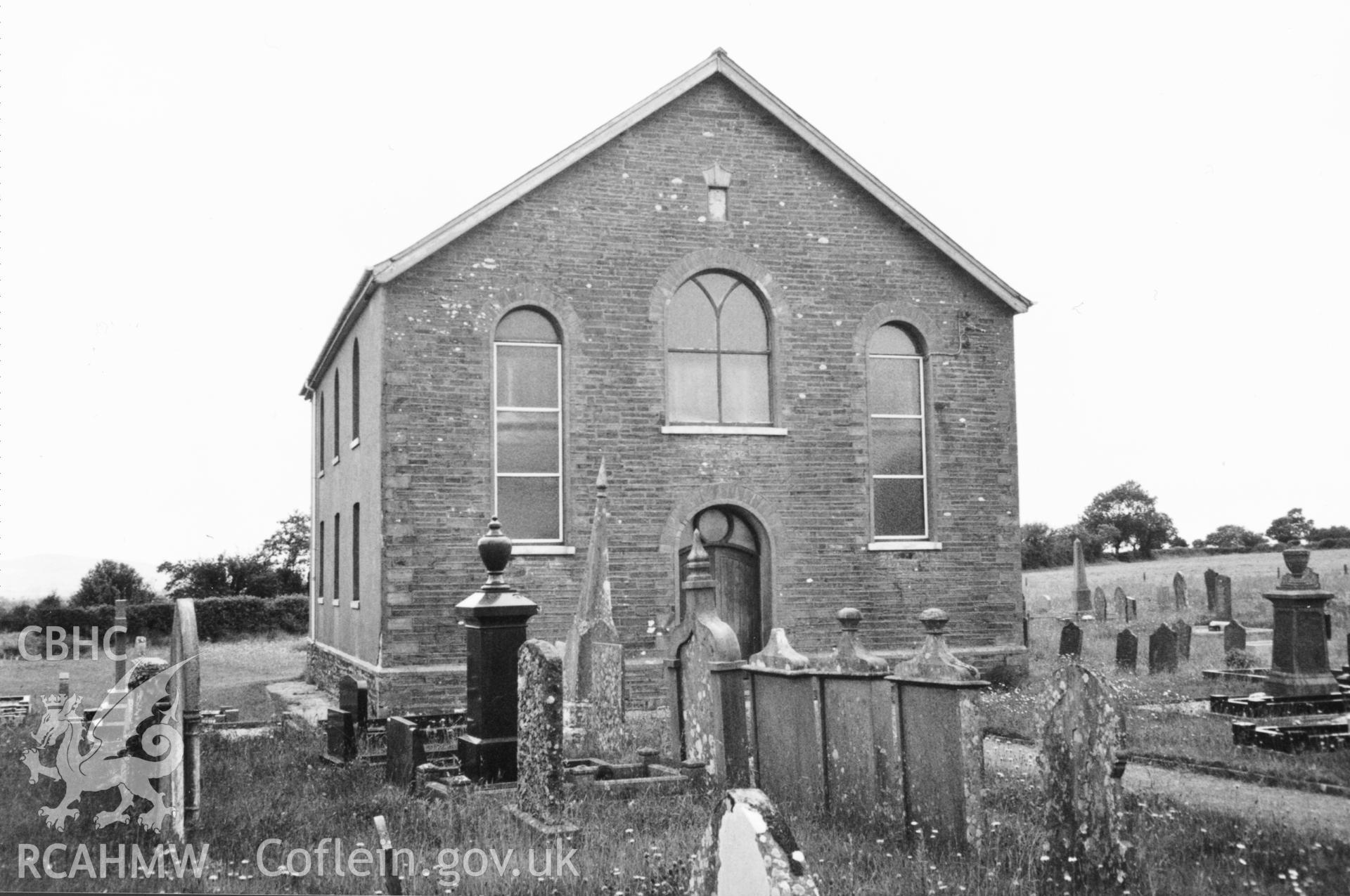 Digital copy of a black and white photograph showing an exterior view of Moreia Welsh Independent Chapel, Blaenwaun, taken by Robert Scourfield, 1996.