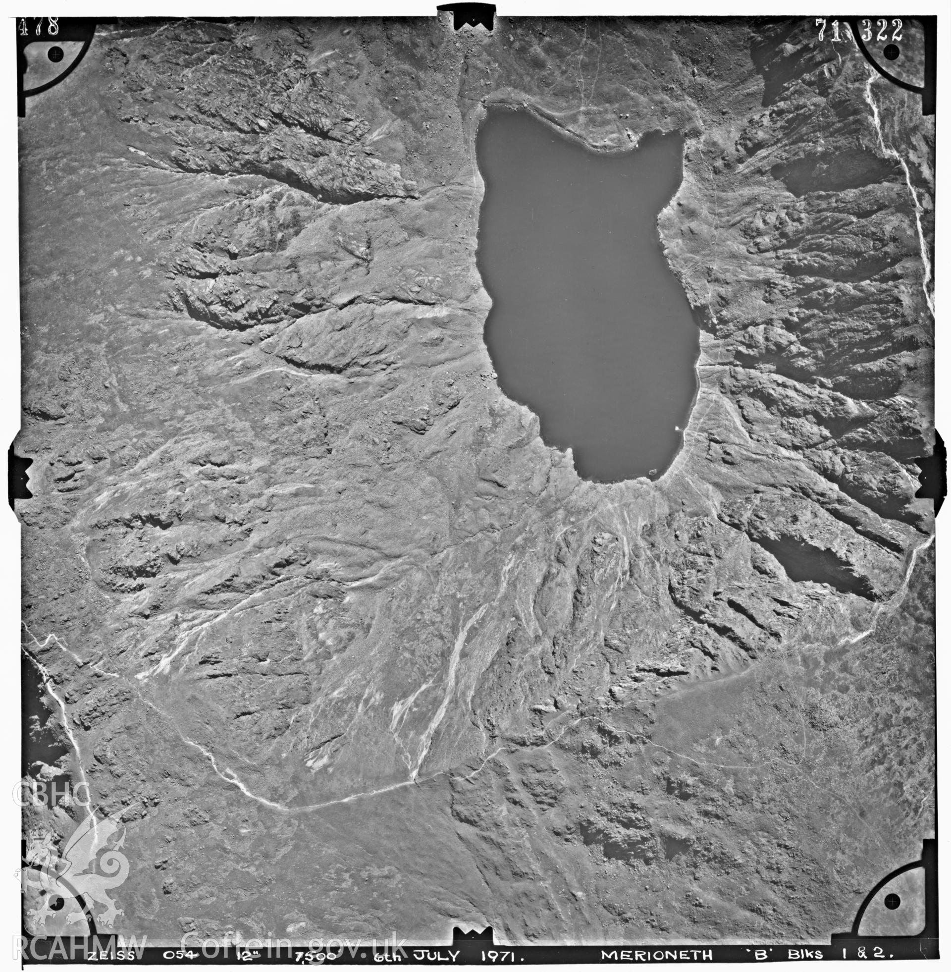 Digitized copy of an aerial photograph showing Llyn Cau, taken by Ordnance Survey, 1971.