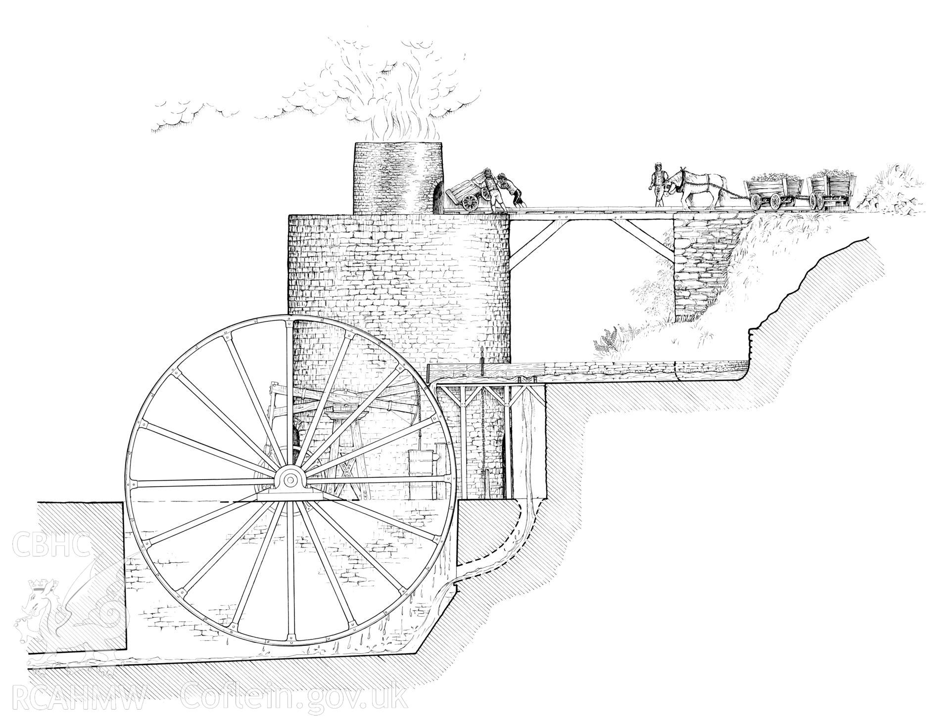 Reconstruction drawing showing elevation view of Abercraf Ironworks, produced by J.B. Durrant, 1988.