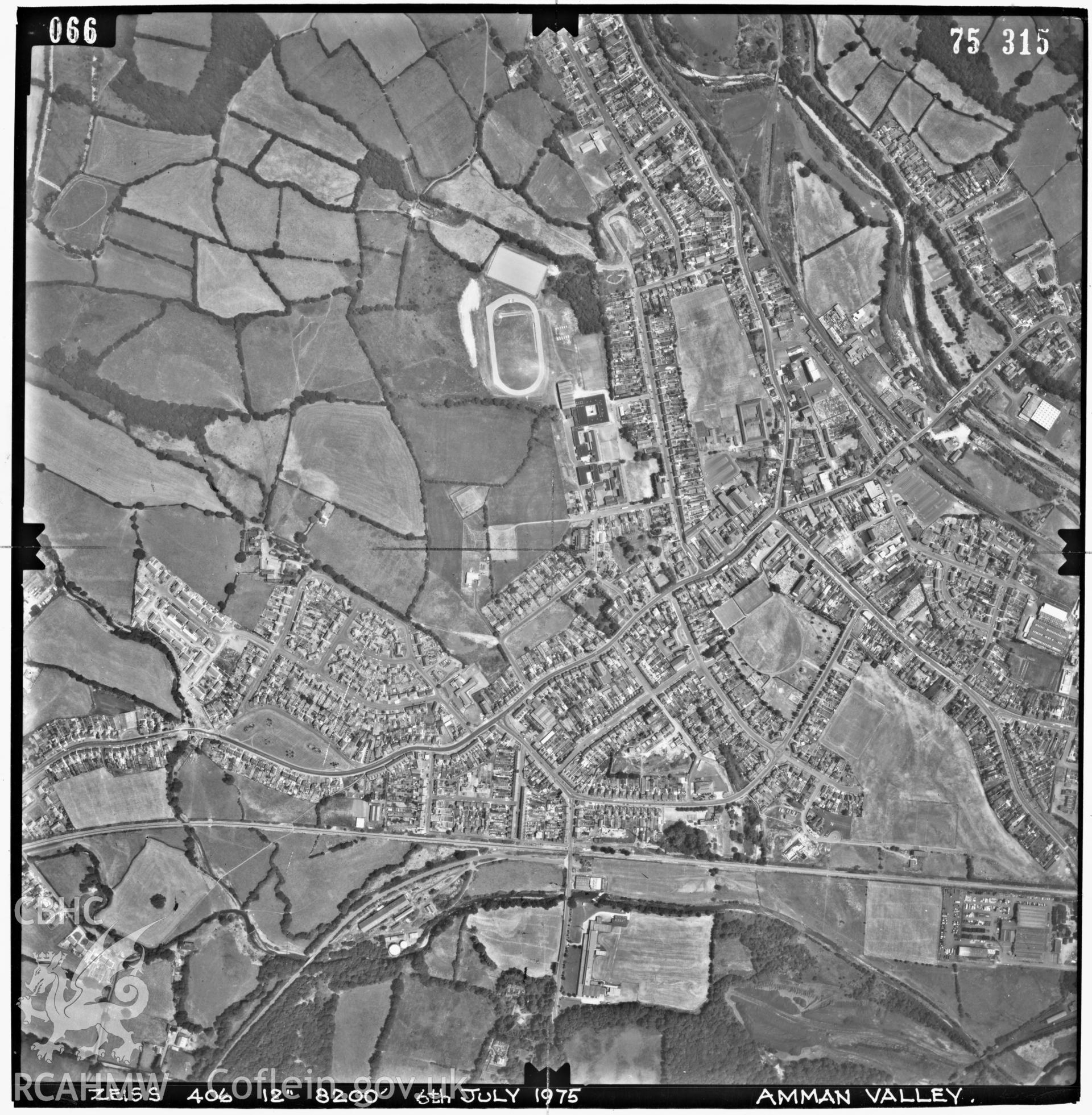 Digitized copy of an aerial photograph showing Ammanford area, taken by Ordnance Survey, 1975.