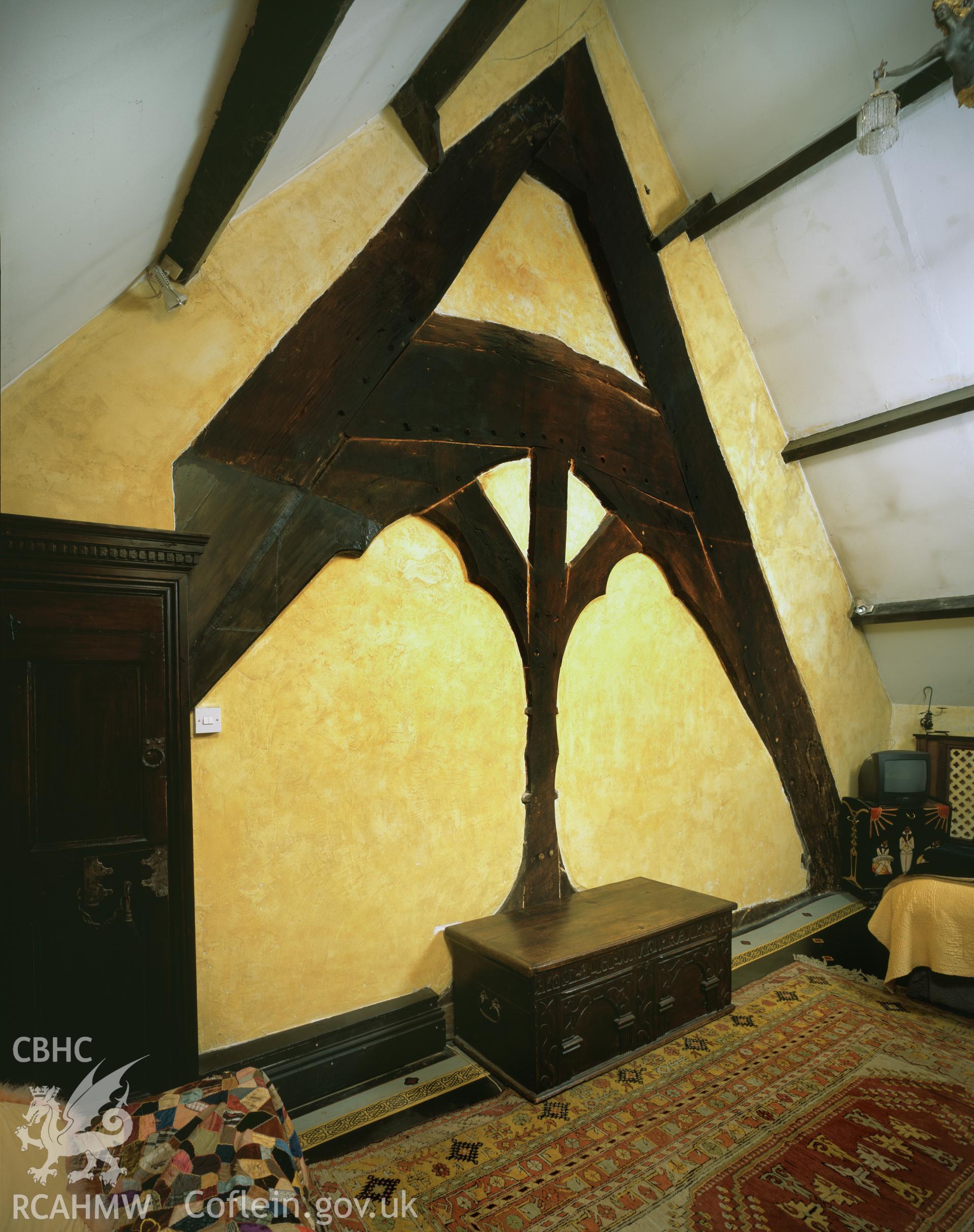Interior, first floor, cruck frame.