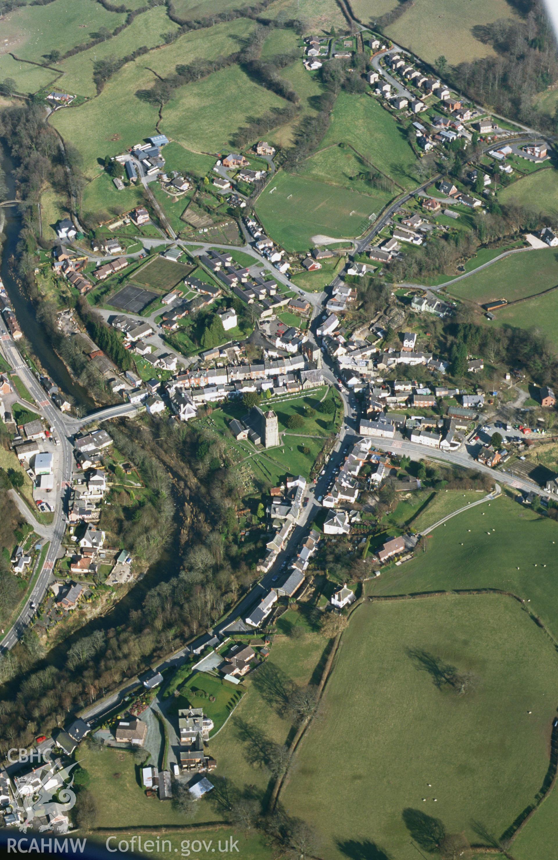 RCAHMW colour slide aerial photograph of Llanfair Caereinion, general view from west. Taken by Toby Driver on 14/03/2003