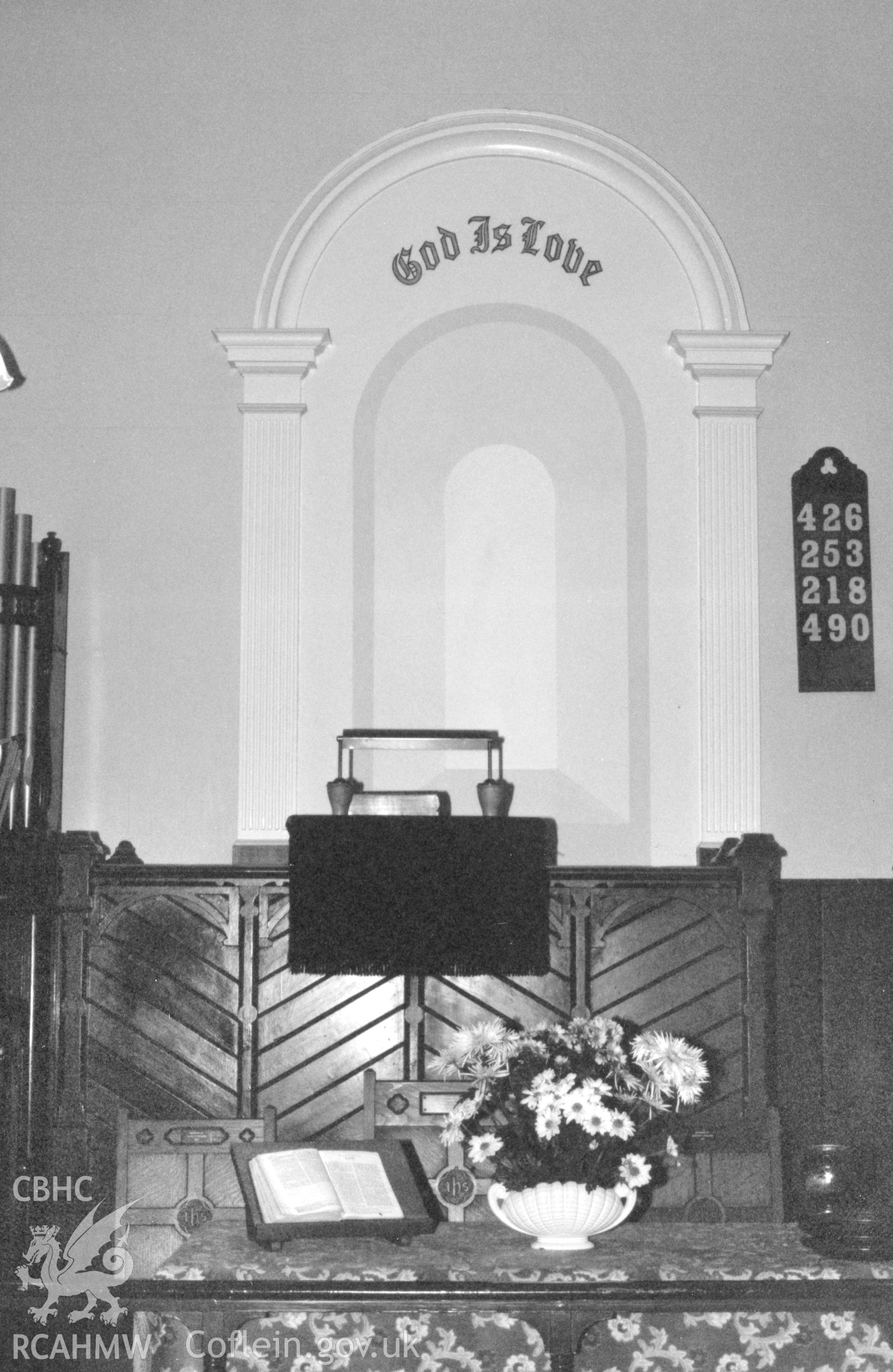 Digital copy of a black and white photograph showing an interior view of Mount Zion Congregational Chapel, West Hook, taken by Robert Scourfield, 1996.