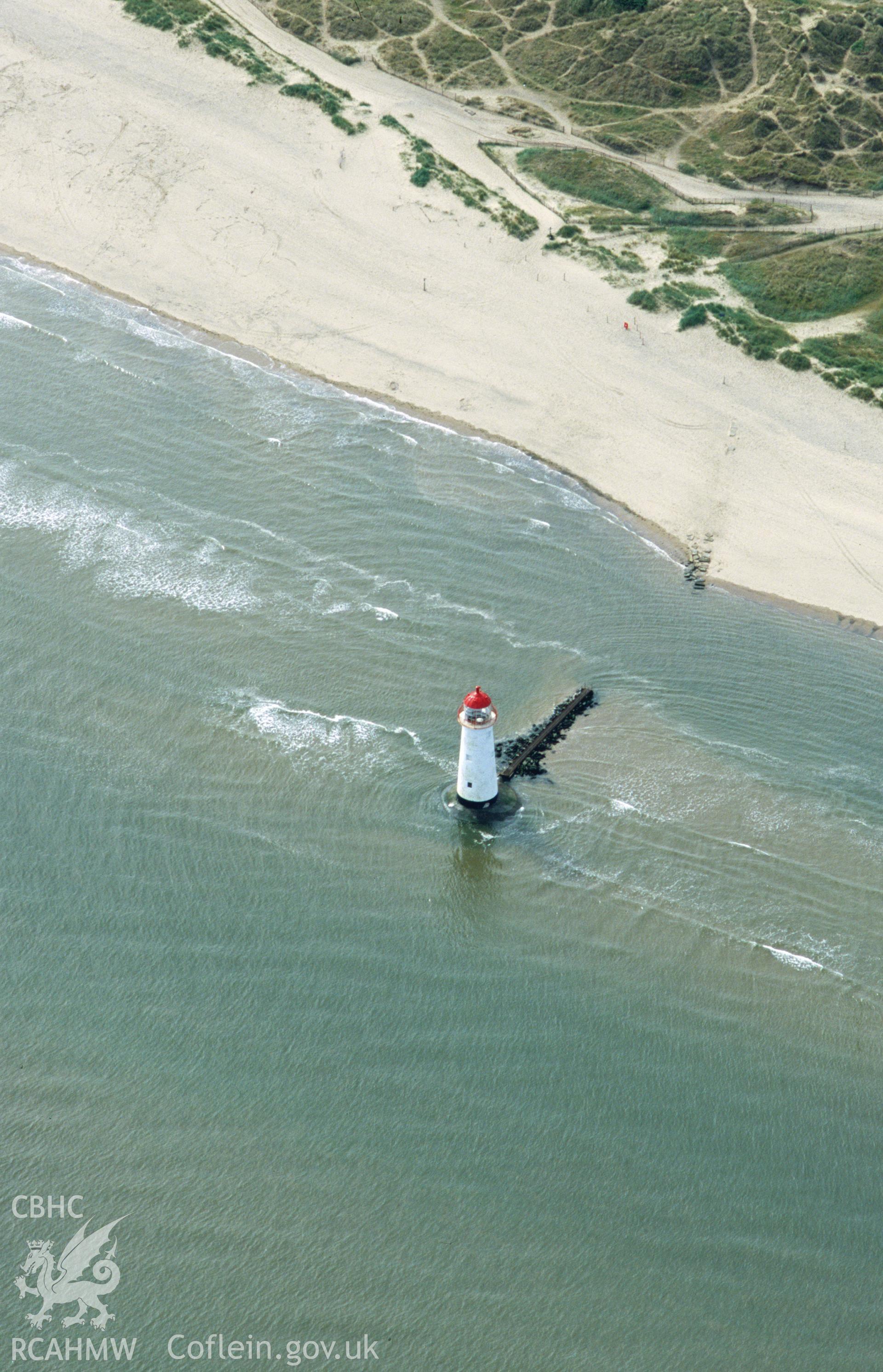 Slide of RCAHMW colour oblique aerial photograph of Point of Ayr Lighthouse taken by T.G. Driver, 2001.