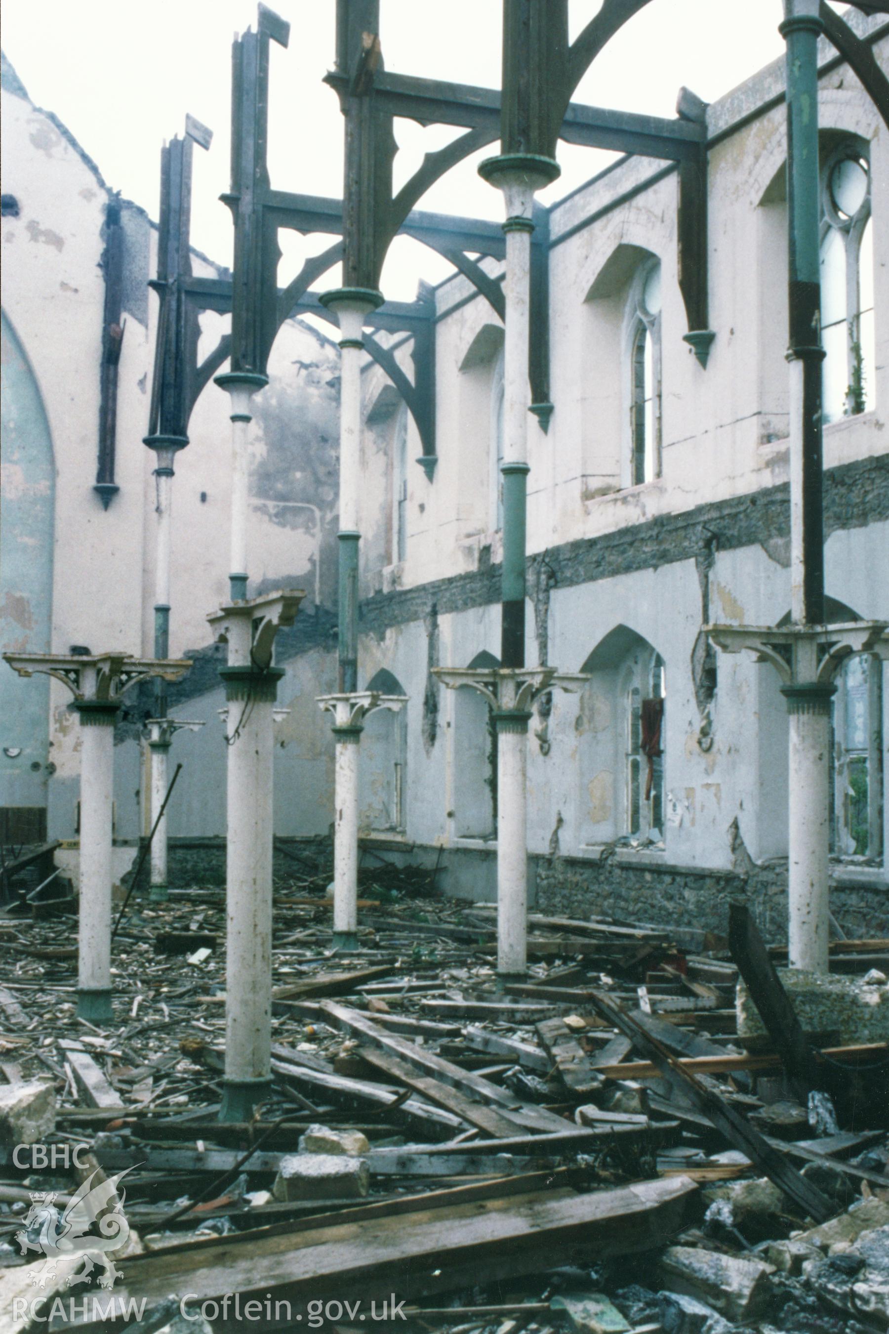 Digital copy of a colour photograph showing an interior view of Albion Square Congregational Chapel, Pembroke Dock taken by Robert Scourfield, 1996.