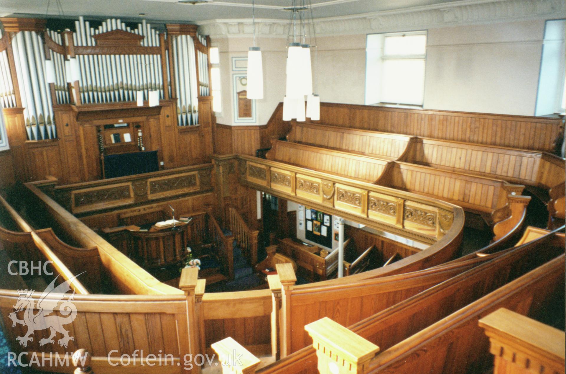 Digital copy of a colour photograph showing an interior view of Tabernacl Welsh Independent Chapel,  Upper Fishguard, taken by Robert Scourfield, c.1996.