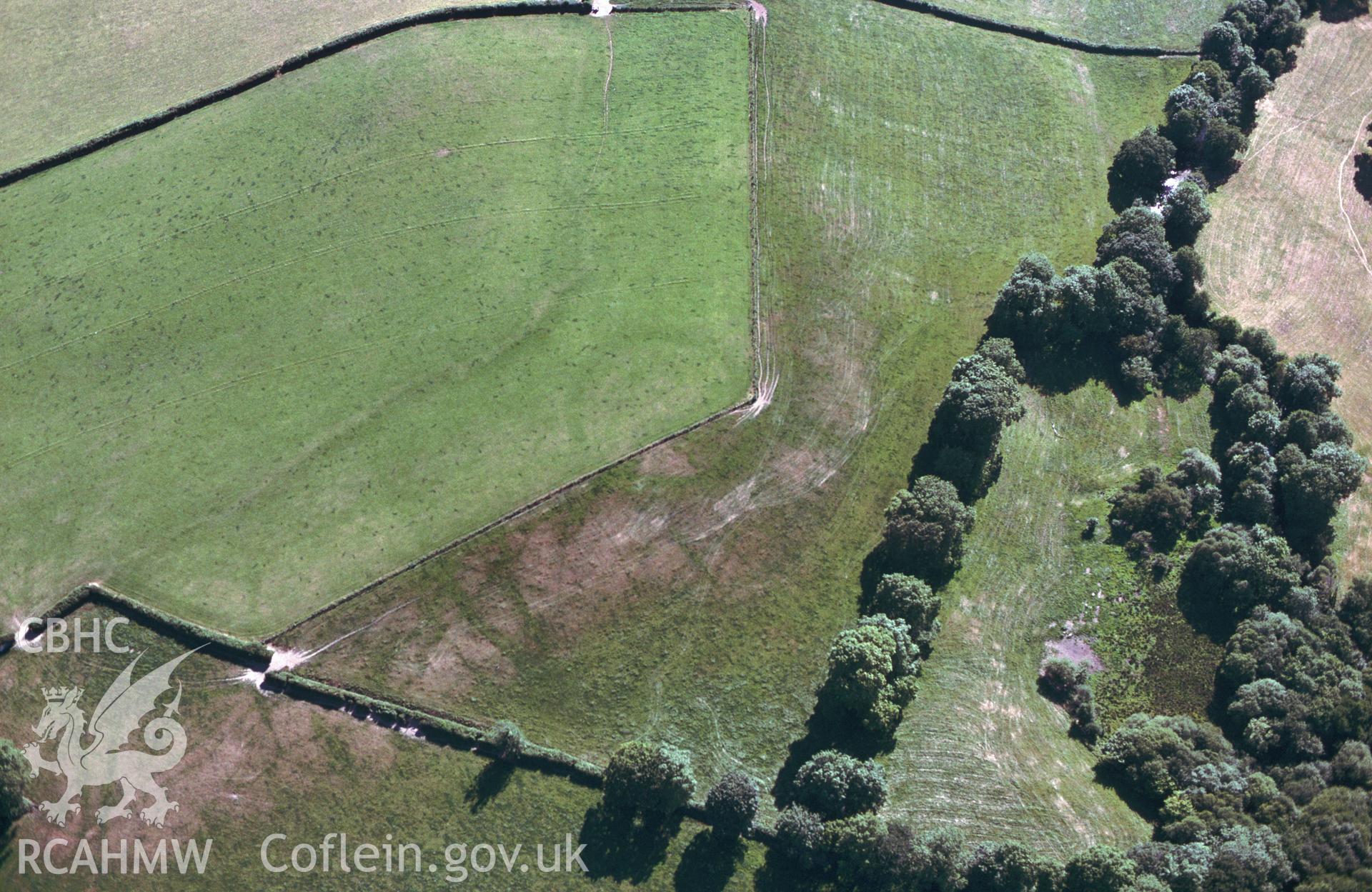 RCAHMW colour slide oblique aerial photograph of cropmark enclosure at Penquarry Ring, Clynderwen, taken by C.R.Musson on the 25/07/1996