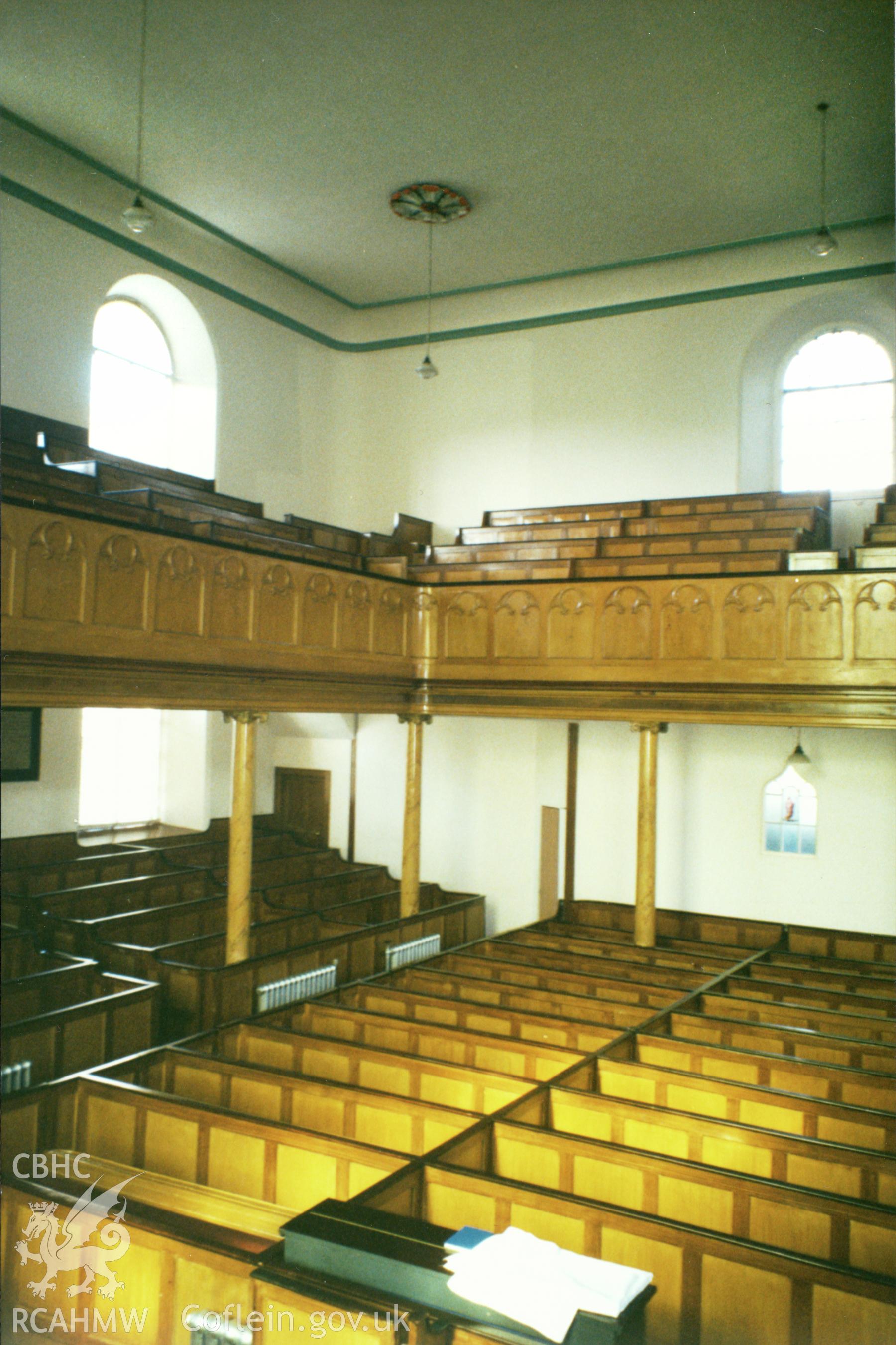 Digital copy of a colour photograph showing an interior view of Heol Awst Welsh Independent Chapel, Lammas Street, Carmarthen, taken by Robert Scourfield, 1996.