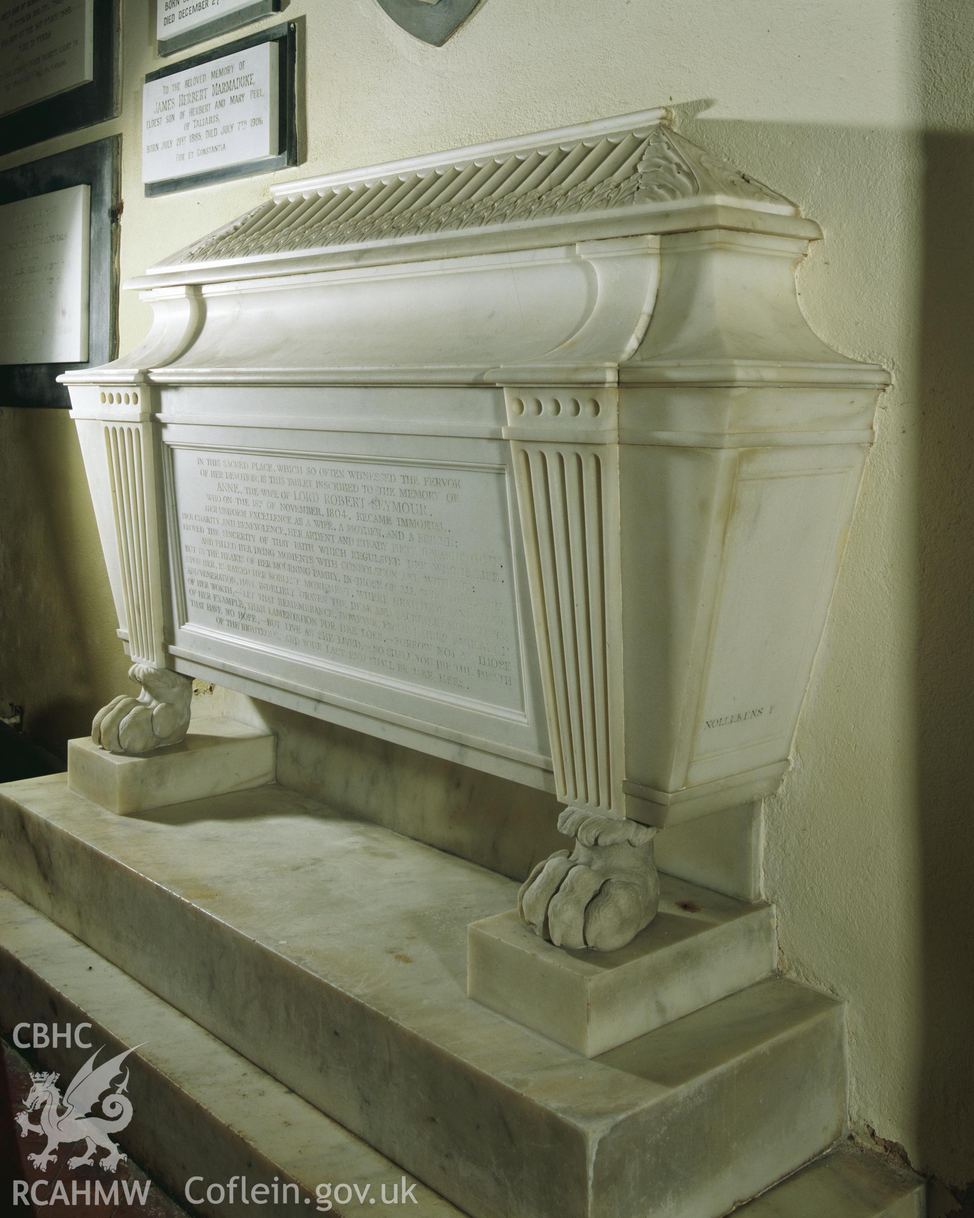 Colour transparency showing the monument by Nollekens at Taliaris Church, produced by Iain Wright, June 2004.