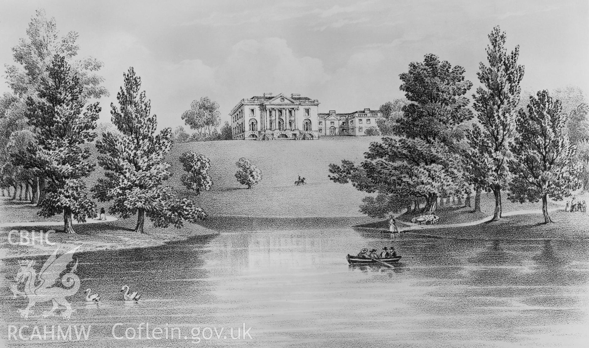 Middleton Hall, Llanarthney;  black and white photograph copied from an 1853 engraving by Augustus Butler