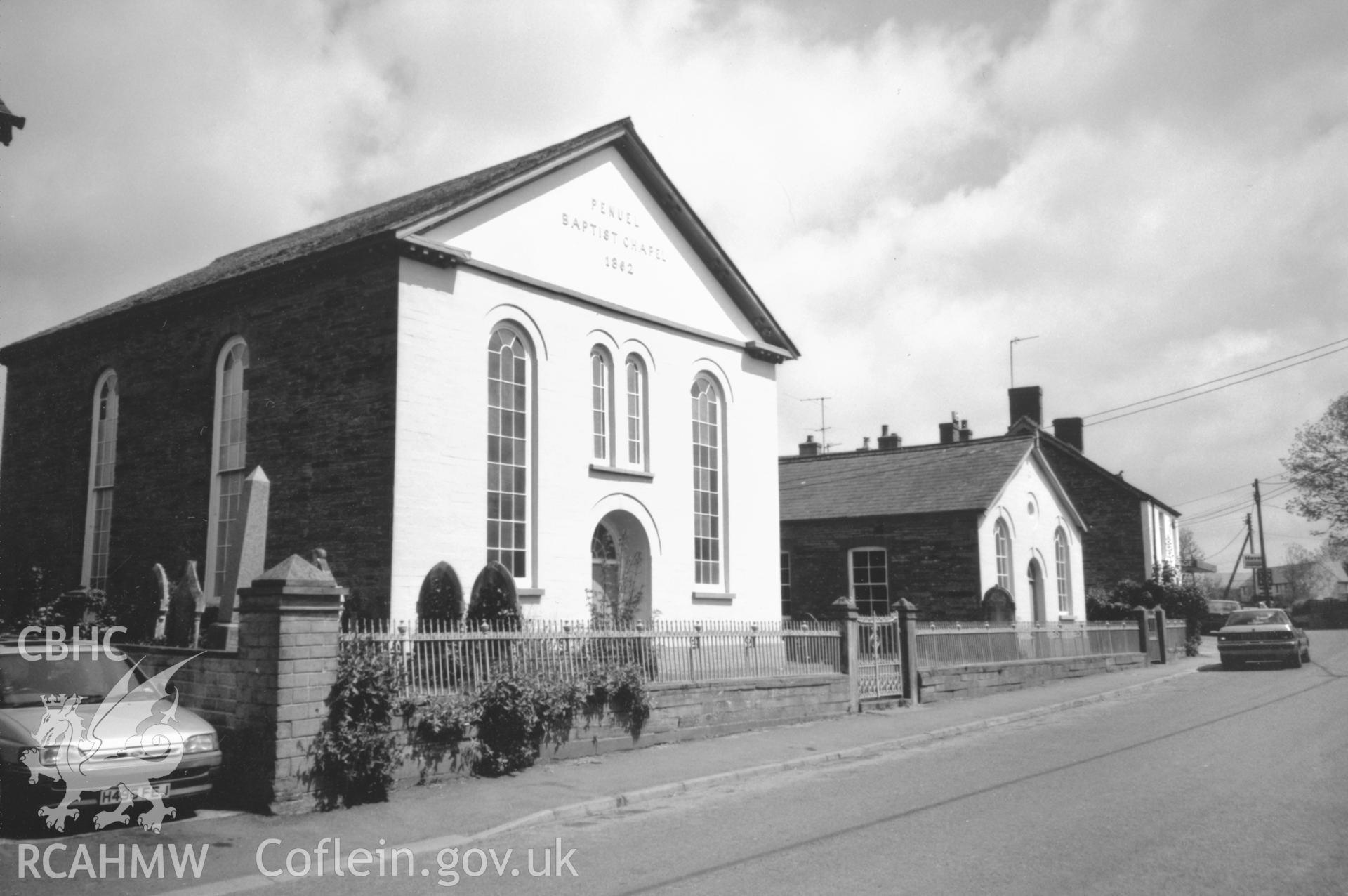 Digital copy of a black and white photograph showing a view of Penuel Welsh Baptist Chapel,  Cilgerran, taken by Robert Scourfield, c.1996.