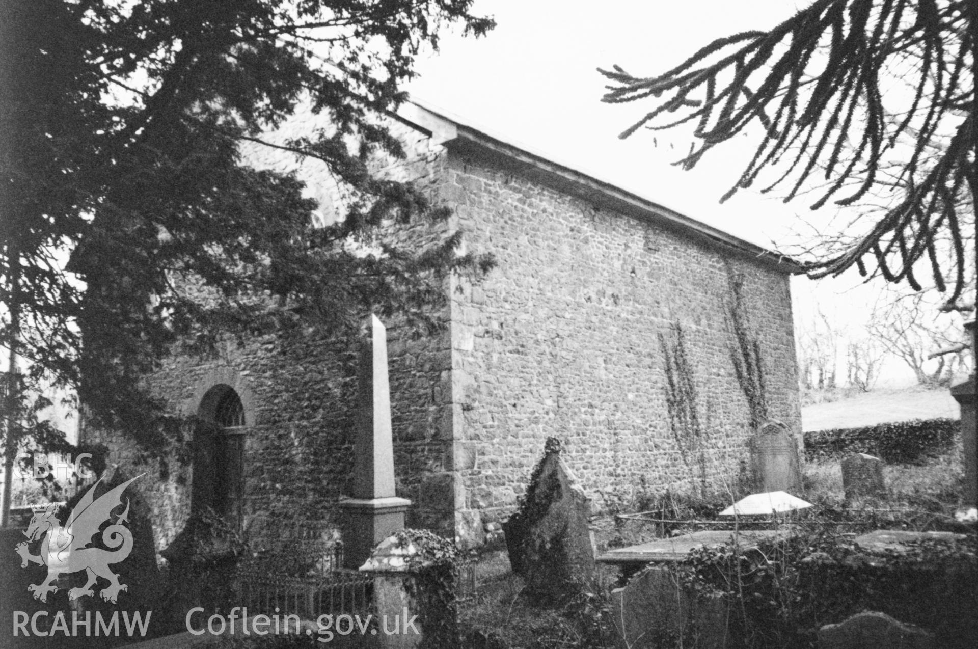 Digital copy of a black and white photograph showing an exterior view of Libanus Baptist Chapel, Llansadwrn, taken by Robert Scourfield, 1996.