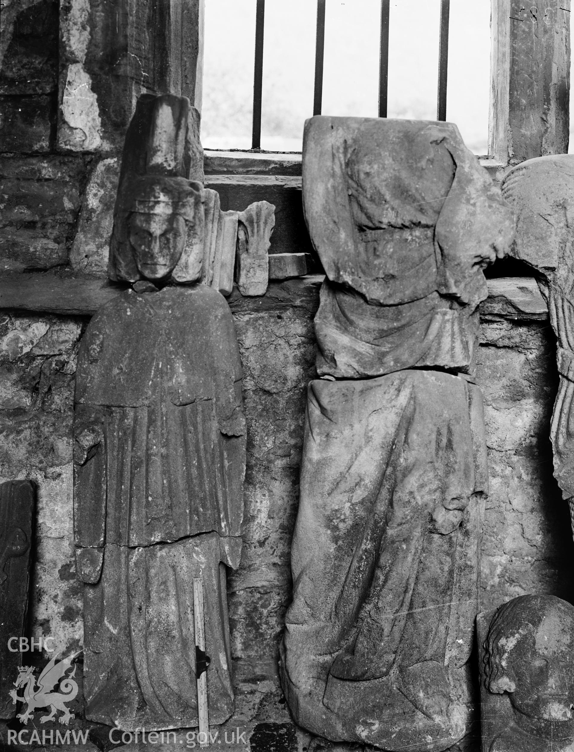 Tintern Abbey; black and white photographic print showing carved figures, part of the Ministry of Works Collection.