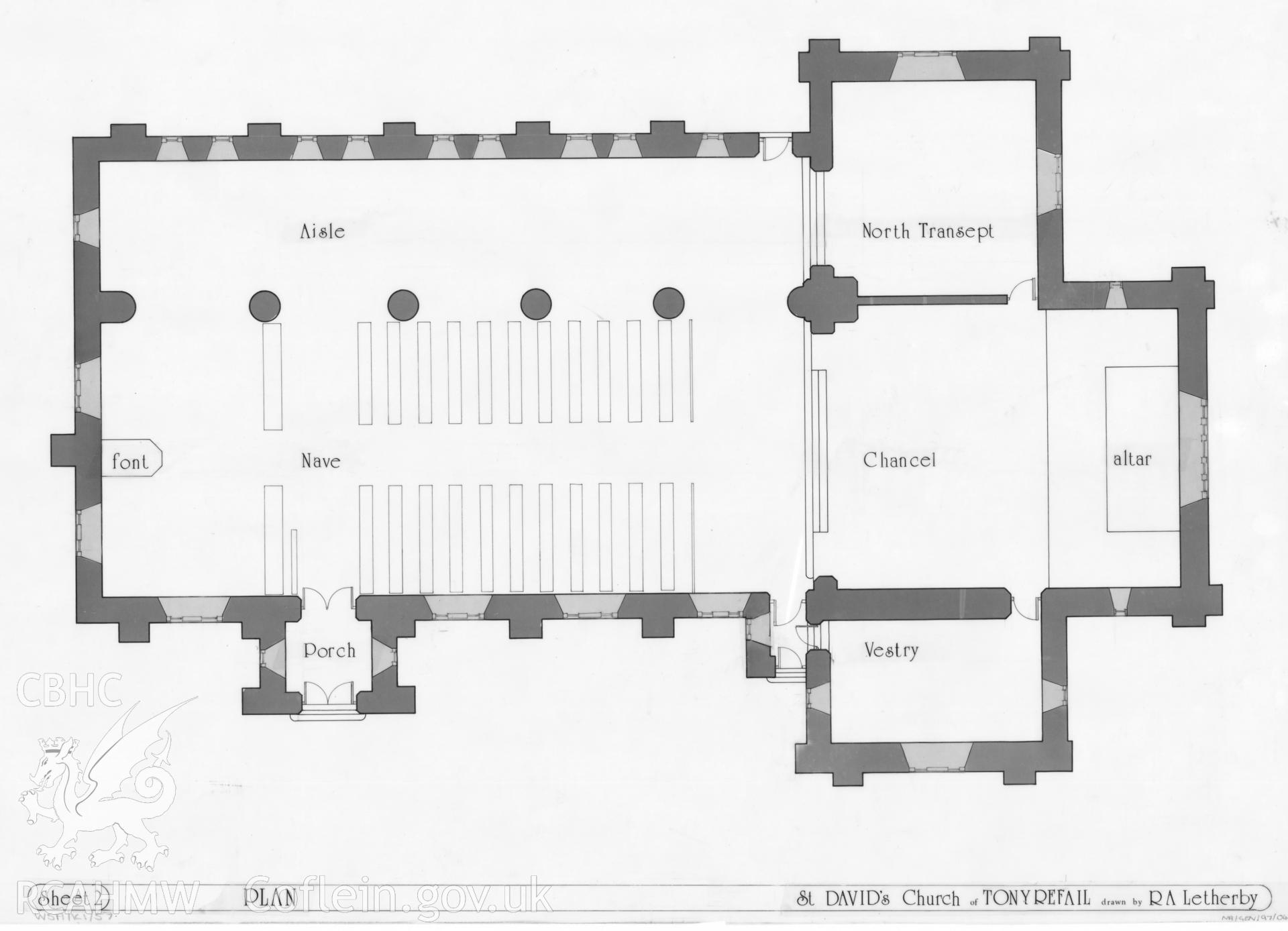 Measured drawing showing plan of St David's Church, Tonyrefail, produced by  R.A. Letherby, 1981-1982.