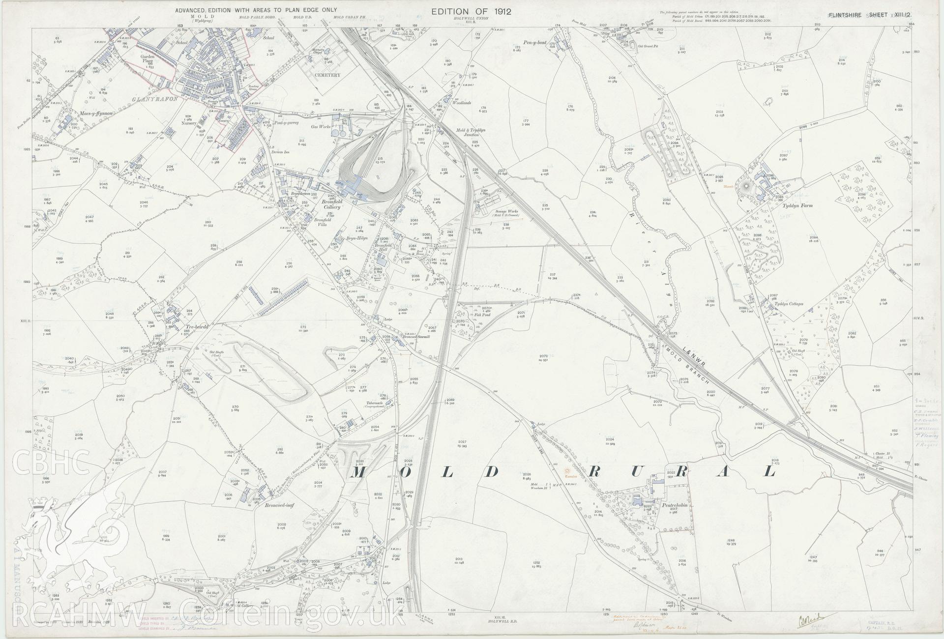 Digitized copy of Ordnance Survey 25 inch coloured map of Mold area 1912. Original size.