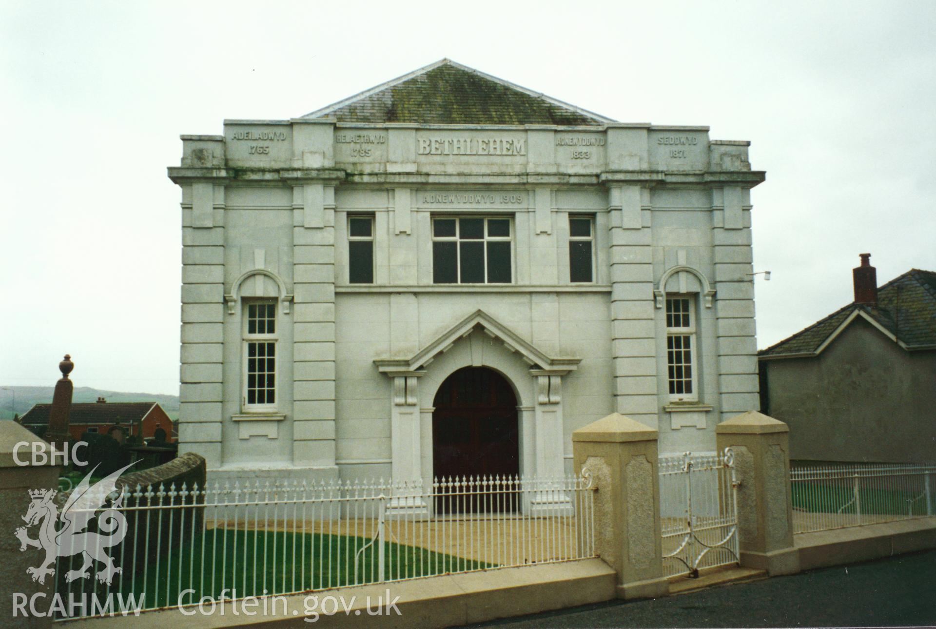 Digital copy of a colour photograph showing an exterior view of Bethlehem Welsh Independent Chapel, Pwll Trapp, taken by Robert Scourfield, 1996.