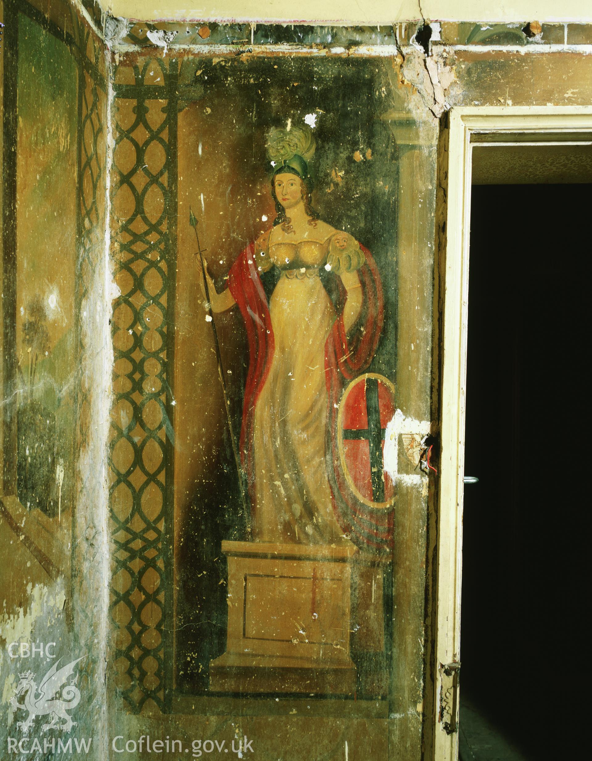 RCAHMW colour transparency showing Britannia wallpainting at Elwy Bank, St Asaph, photographed by Iain Wright, November 2003.