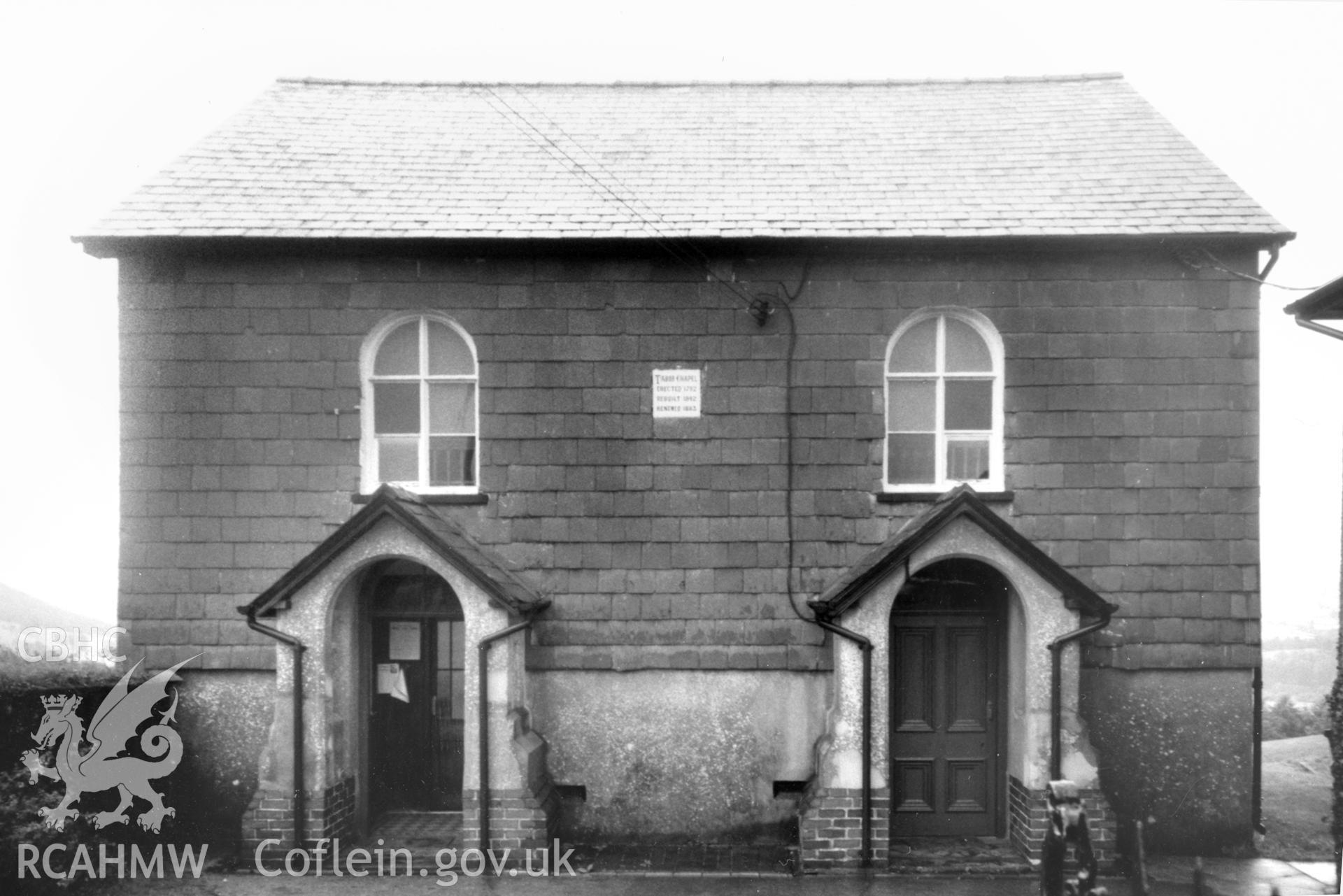 Digital copy of a black and white photograph showing an exterior view of Tabor Welsh Independent Chapel, Llwyncelyn, Llanwrda, taken by Robert Scourfield, 1996.