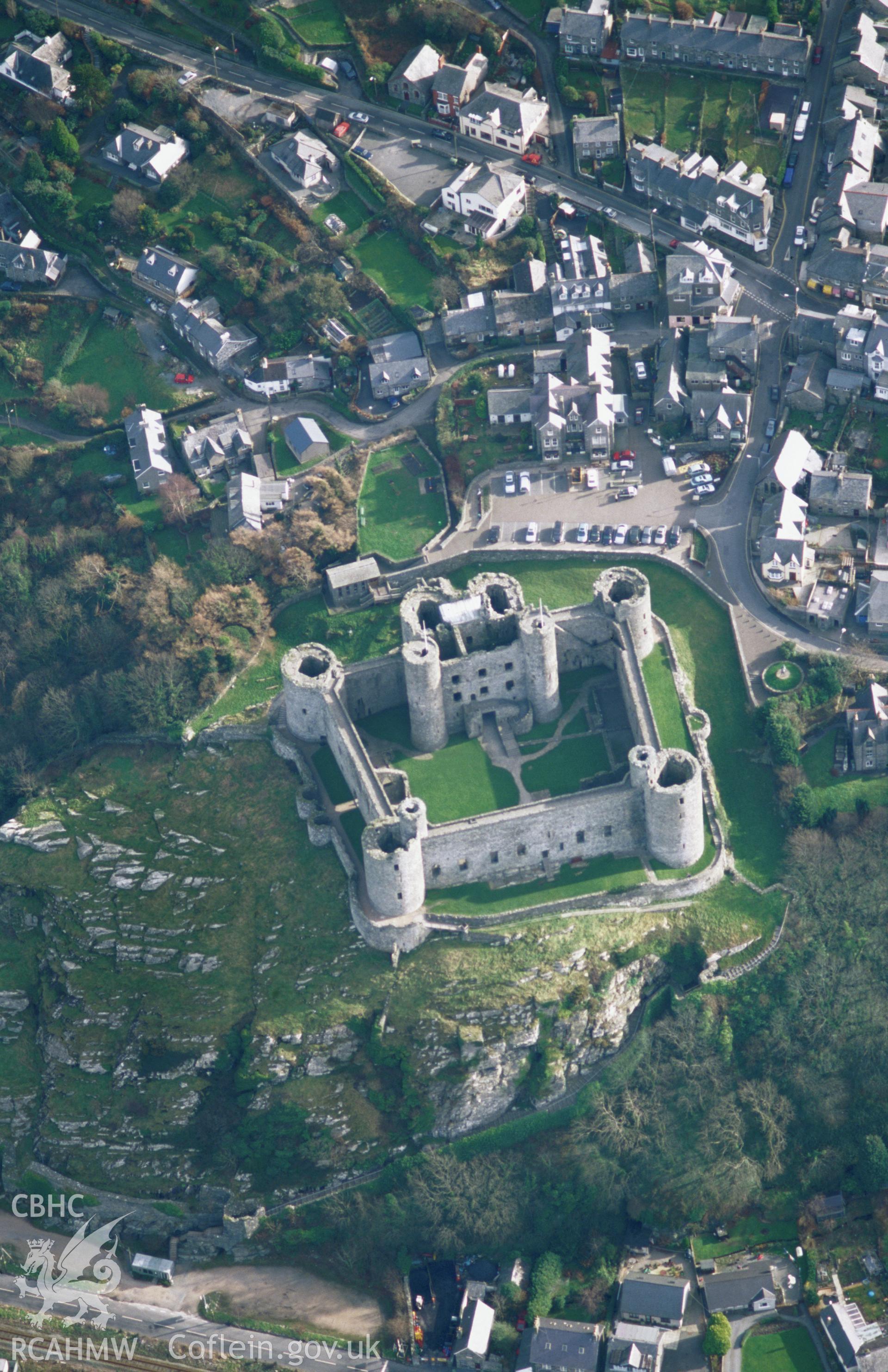 Slide of RCAHMW colour oblique aerial photograph of Harlech Castle, taken by T.G. Driver, 2002.