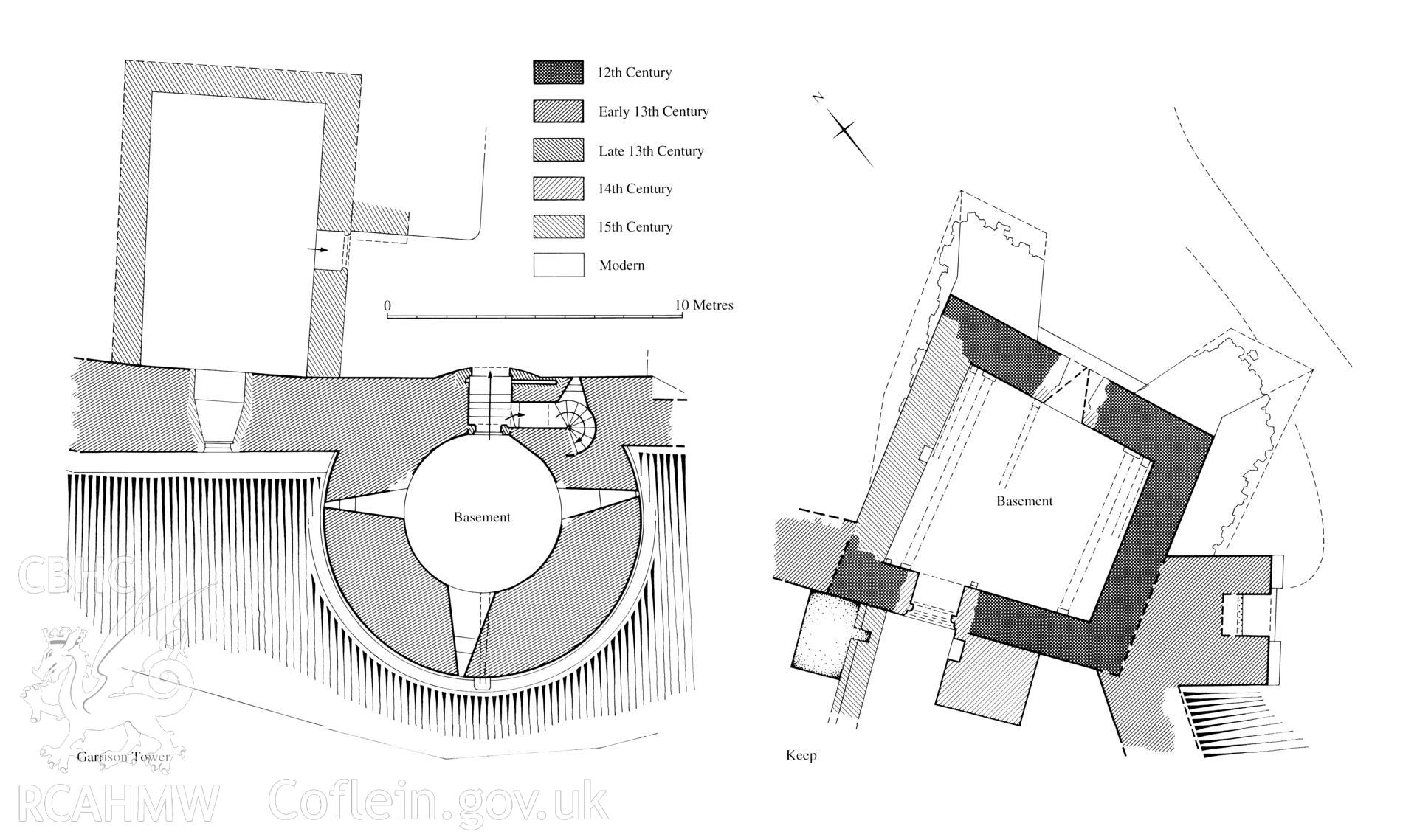 Usk Castle; measured plan produced by D.J. Roberts, showing  building phases of the basement.