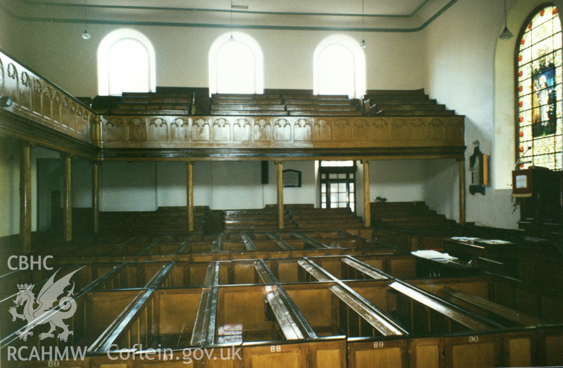 Digital copy of a colour photograph showing an interior view of Heol Awst Welsh Independent Chapel, Lammas Street, Carmarthen, taken by Robert Scourfield, 1996.