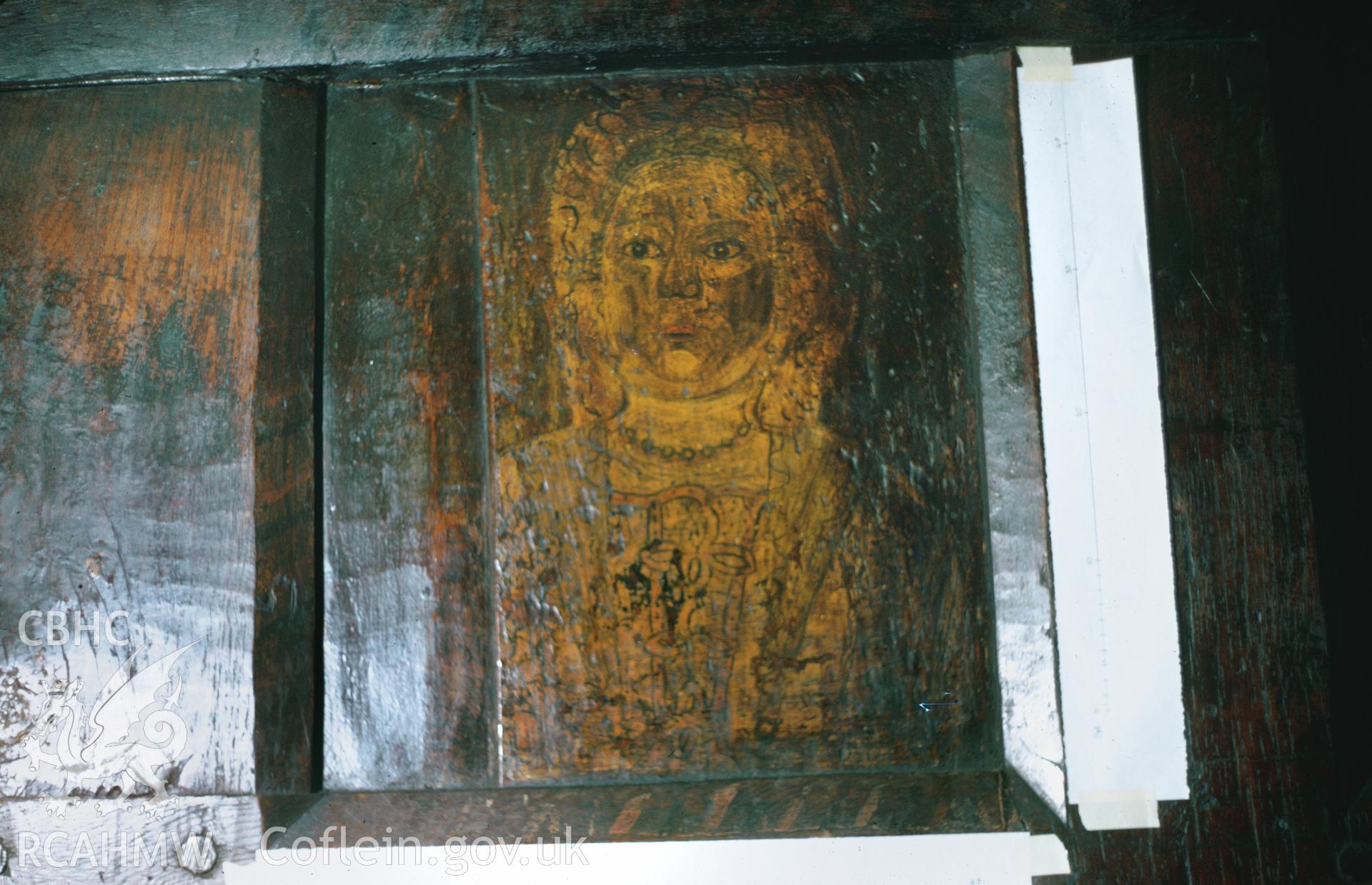 35mm colour slide showing a painted screen at Church House, Kemeys Commander, Gwehelog Fawr, Monmouthshire, produced by A.J. Parkinson, June 1971.