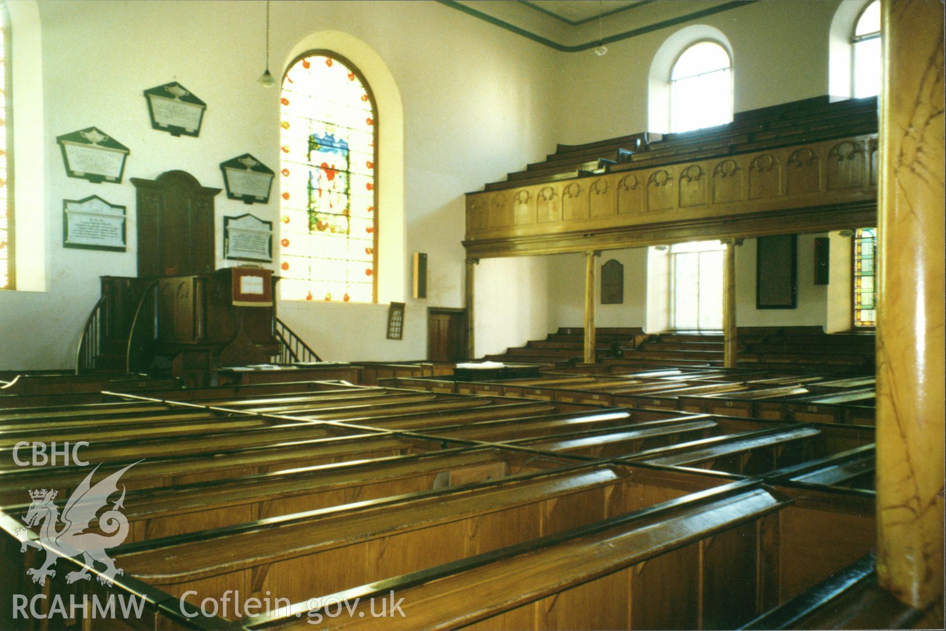 Digital copy of a colour photograph showing an interior view of Heol Awst Welsh Independent Chapel, Lammas Street, Carmarthen, taken by Robert Scourfield, 1996.