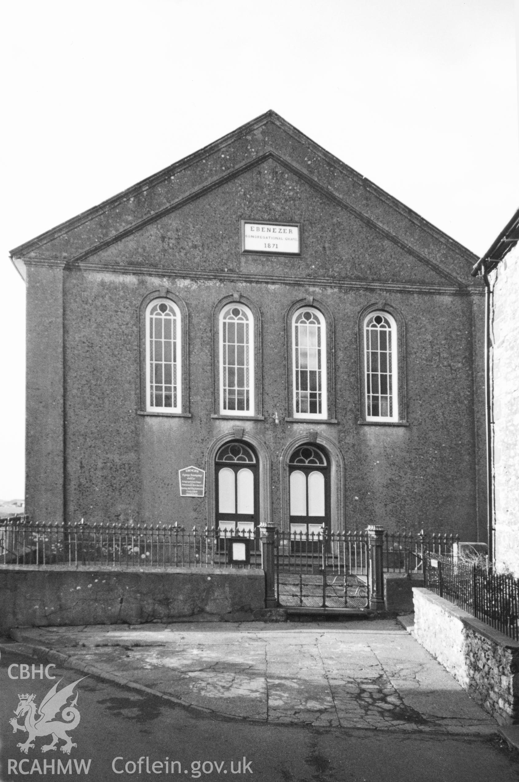 Digital copy of a black and white photograph showing an exterior view of Ebeneser Welsh Independent Chapel, St Davids, taken by Robert Scourfield, 1996.