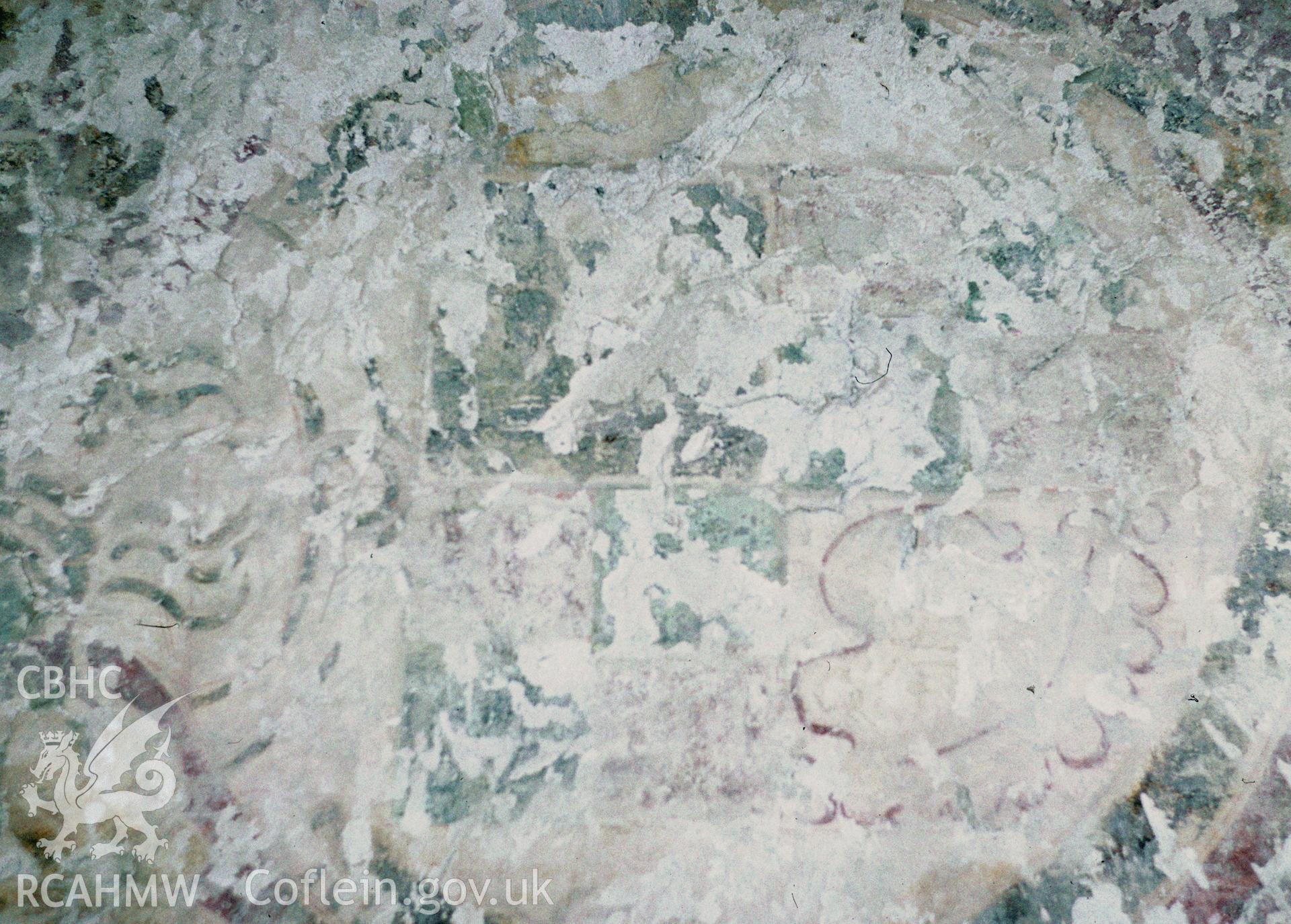 35mm colour slide showing the wallpainting at St. Melangells' Church, Pennant by Dylan Roberts, undated.