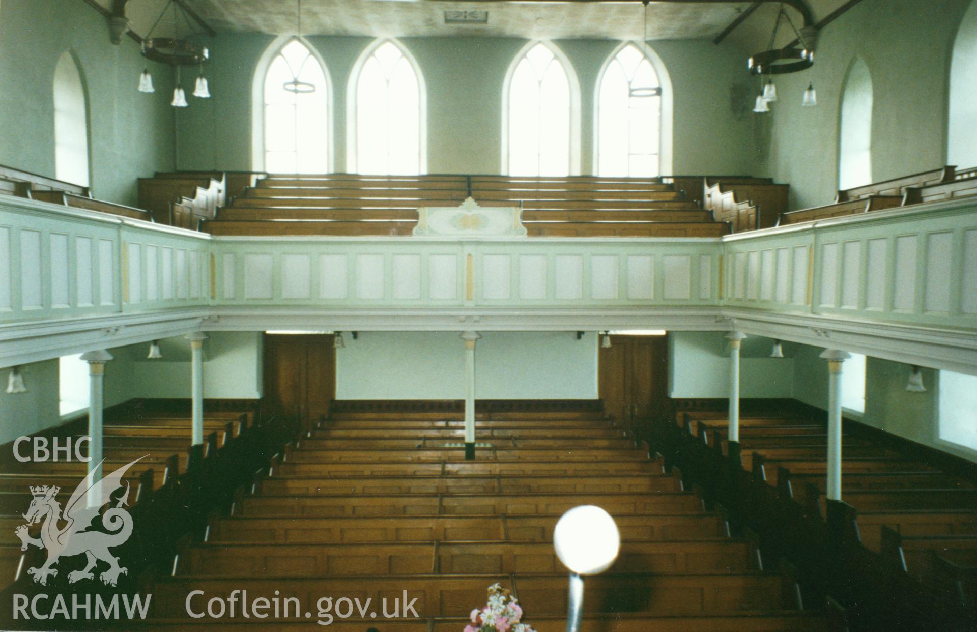 Digital copy of a colour photograph showing an interior view of Welsh Independent Chapel, Union Street, Carmarthen, taken by Robert Scourfield, 1996.