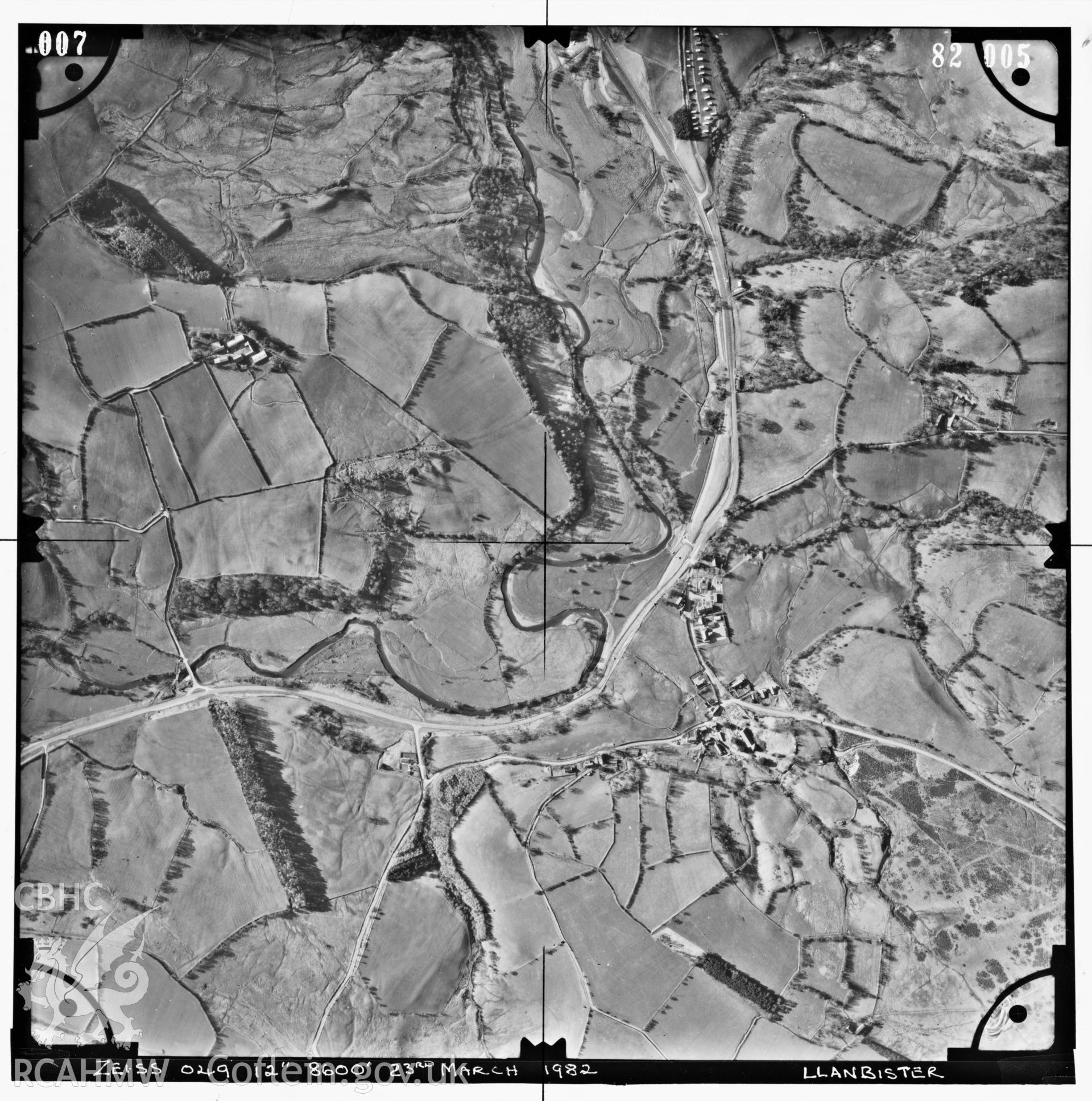 Digitized copy of an aerial photograph showing Llanbister, taken by Ordnance Survey, 1982.
