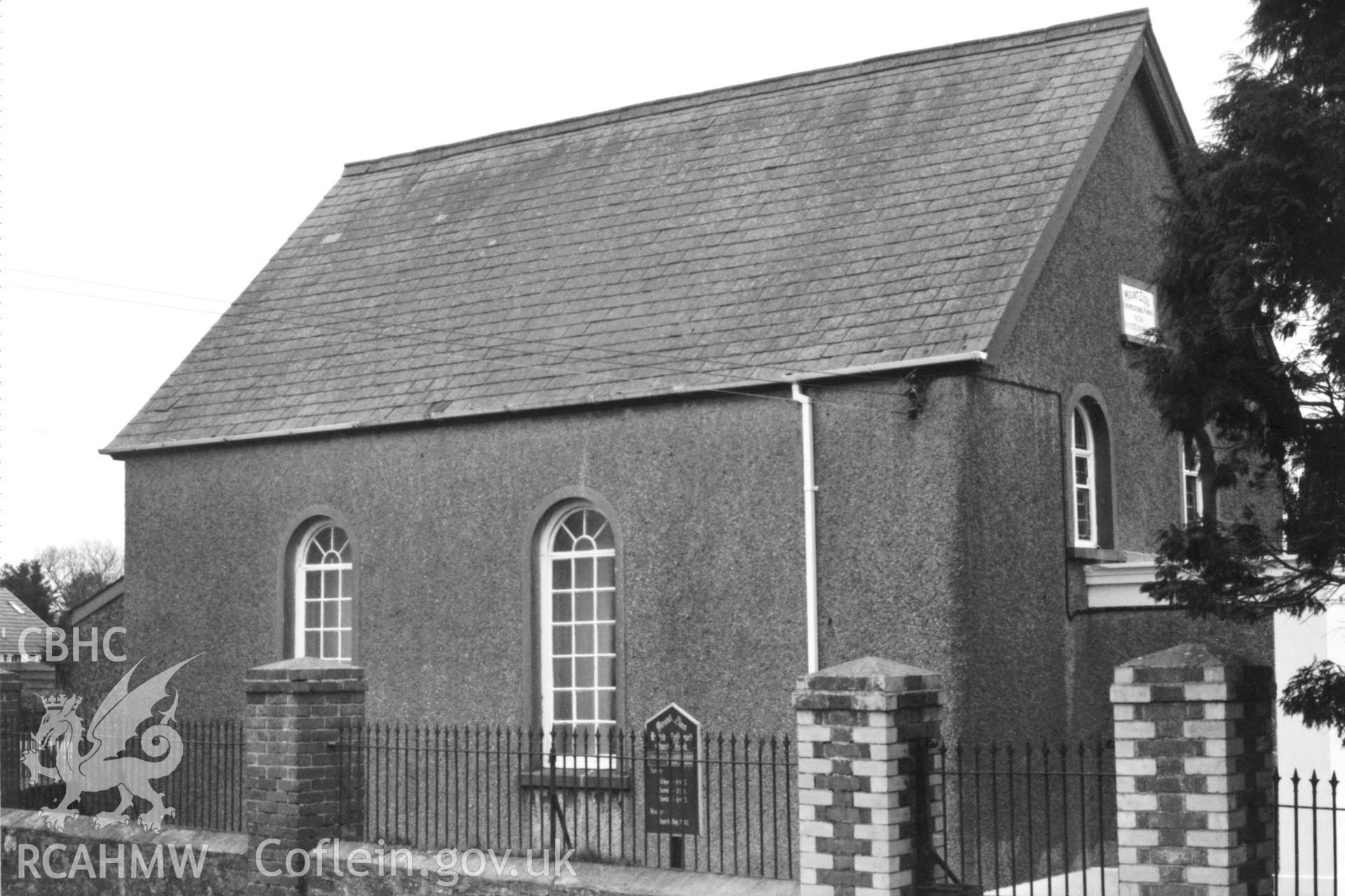 Digital copy of a black and white photograph showing an exterior view of Mount Zion Congregational Chapel, West Hook, taken by Robert Scourfield, 1996.