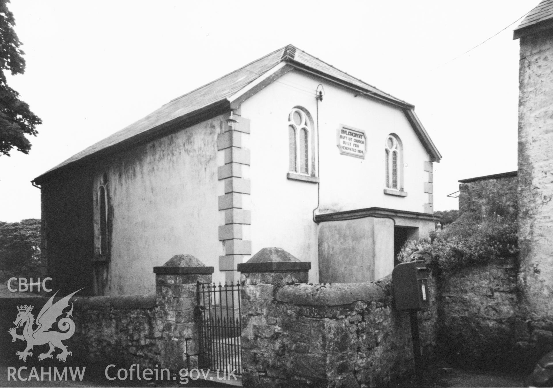 Digital copy of a black and white photograph showing an exterior view of Bwlchgwynt Baptist Chapel, taken by Robert Scourfield, 1996.