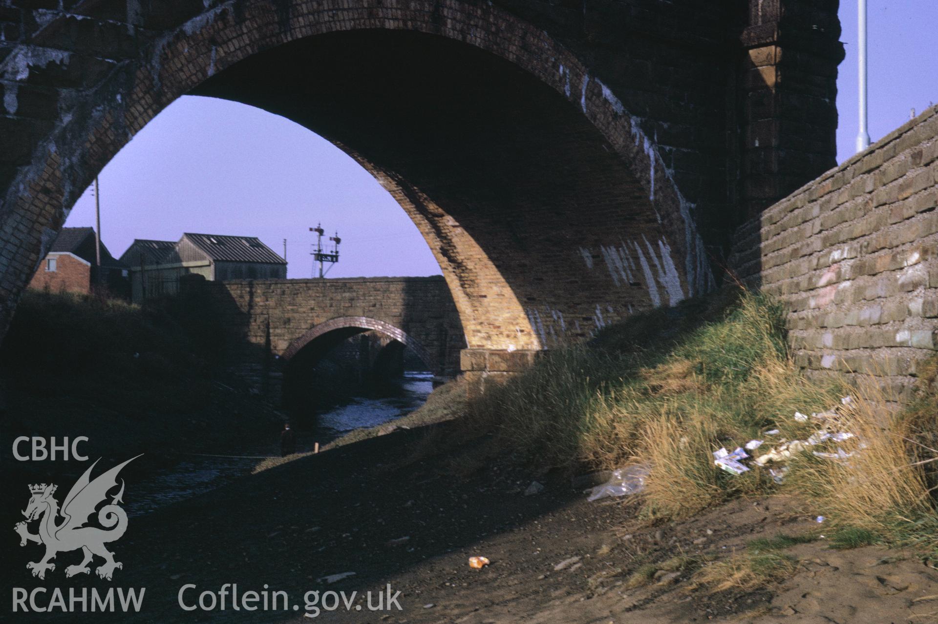 35mm slide of the north archway of Railway Bridge, Llanelli Dock, Llanelli, Carmarthenshire, by Dylan Roberts.