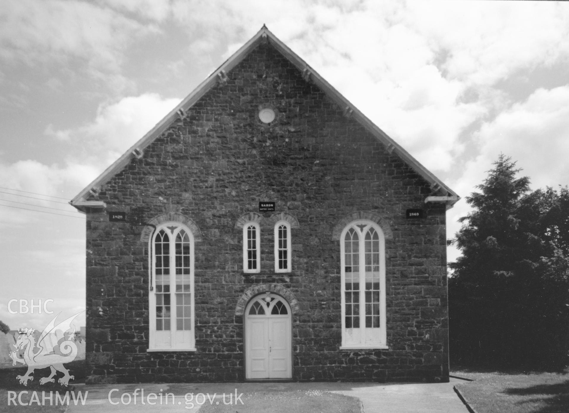 Digital copy of a black and white photograph showing an exterior view of Saron Welsh Baptist Chapel, Letterston, taken by Robert Scourfield, c.1996.