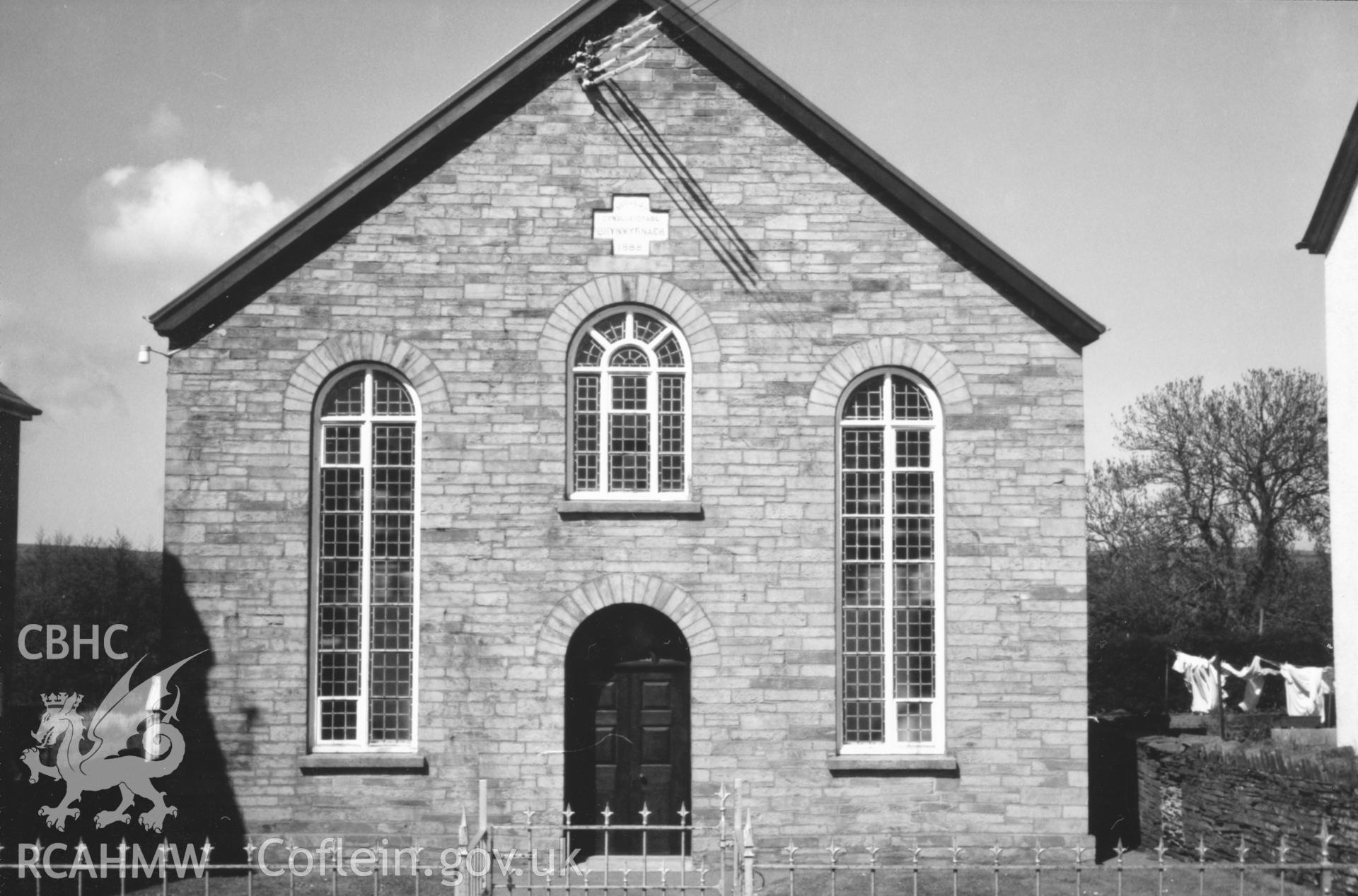 Digital copy of a black and white photograph showing a view of Brynmyrnach Welsh Independent Chapel, Hermon, taken by Robert Scourfield, c.1996.