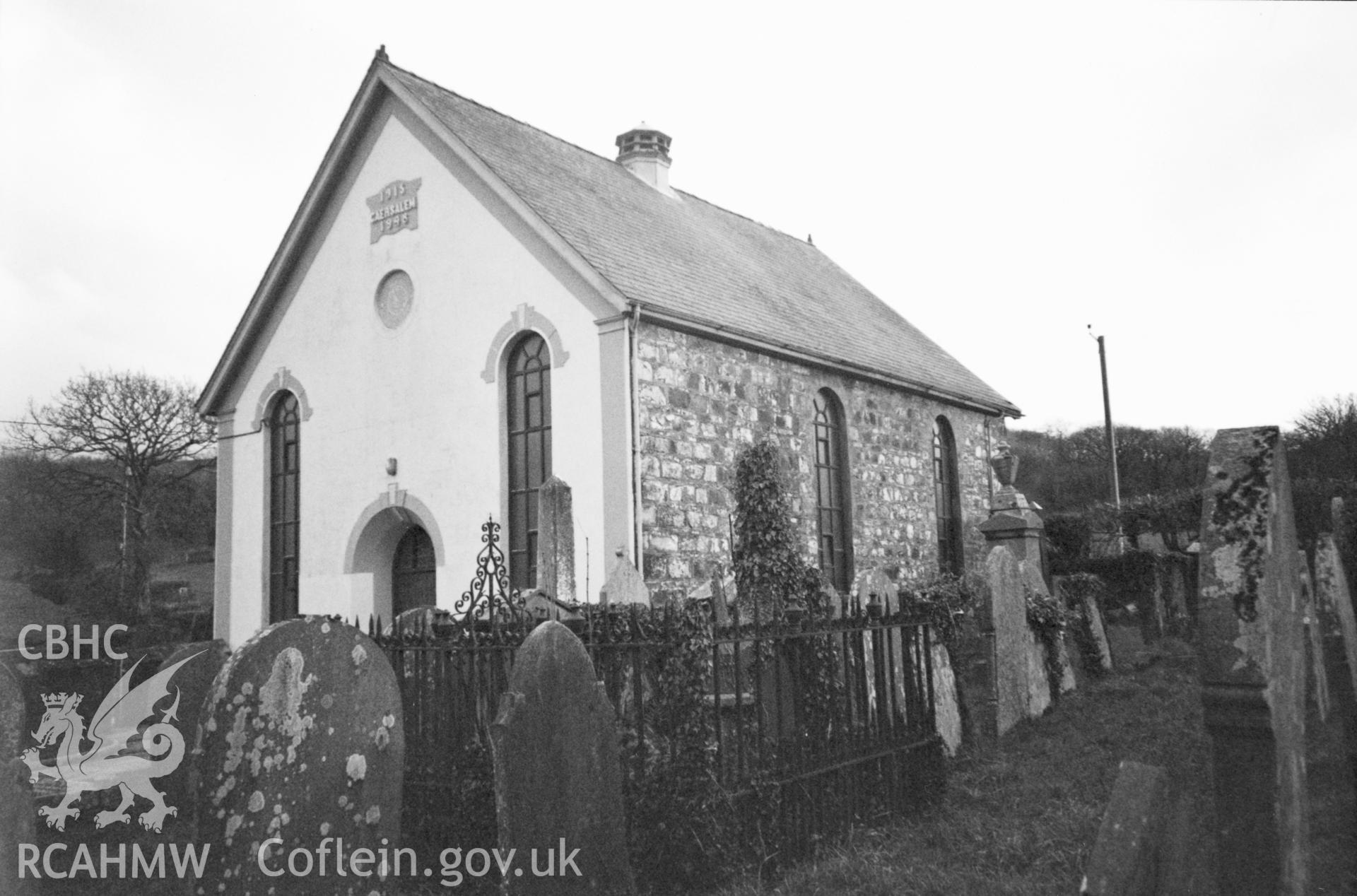Digital copy of a black and white photograph showing an exterior view of Caersalem Welsh Baptist Chapel, Cilgwyn, taken by Robert Scourfield, 1996.