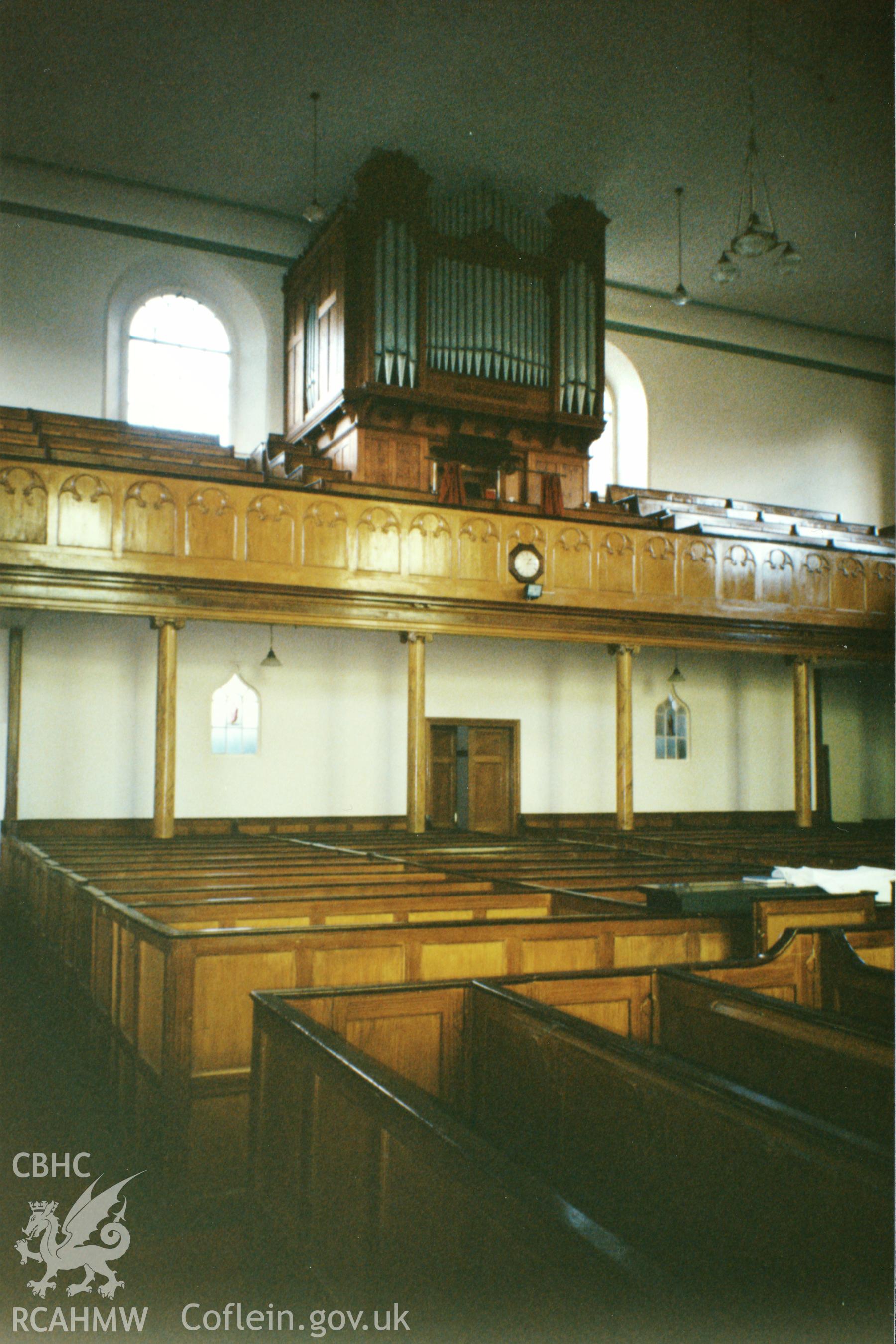 Digital copy of a colour photograph showing an interior view of Heol Awst Welsh Independent Chapel, Lammas Street, Carmarthen, taken by Robert Scourfield, 1996.