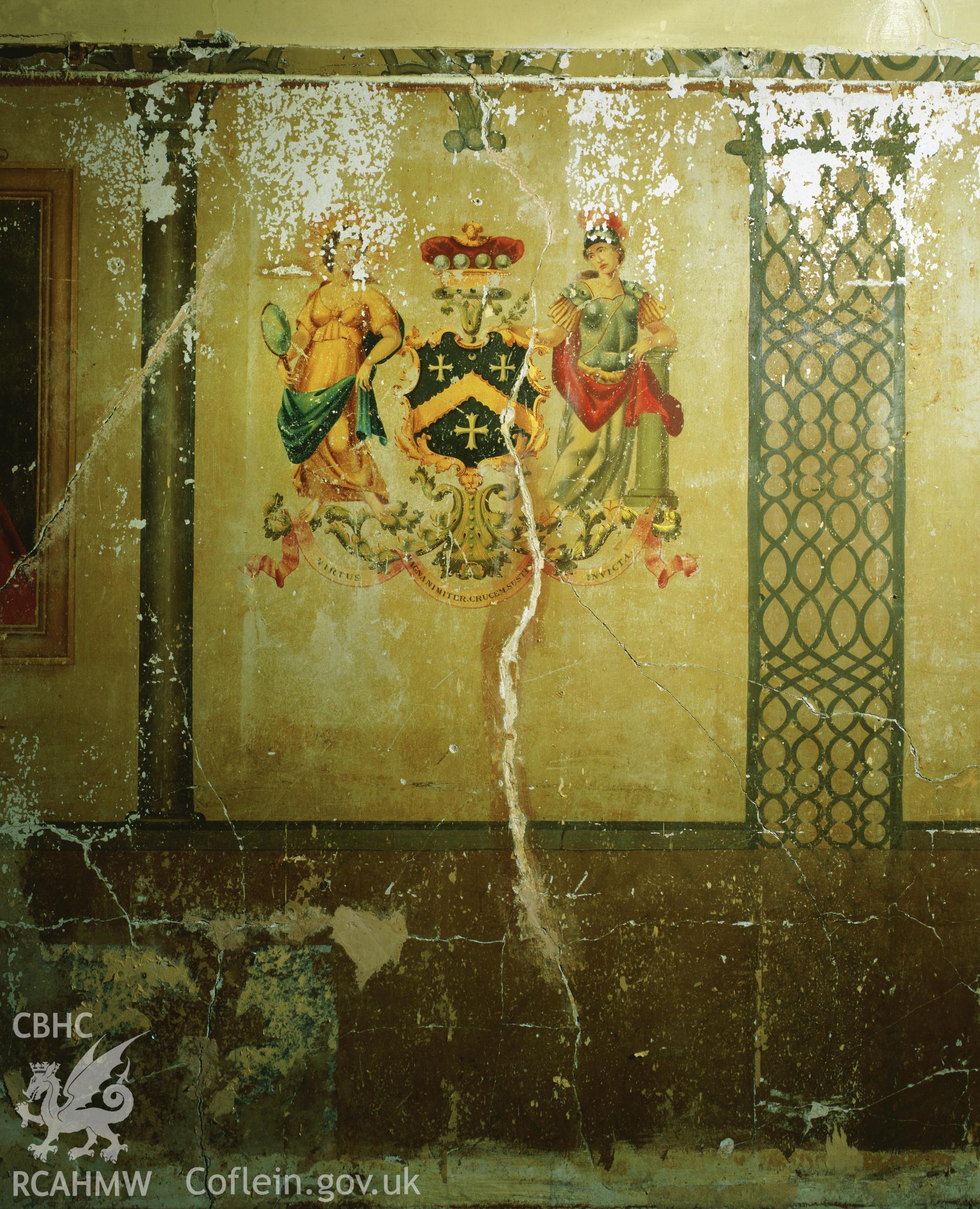 RCAHMW colour transparency showing coat of arms flanked by Virtue and Strength wallpainting, at Elwy Bank, St Asaph, photographed by Iain Wright, November 2003.