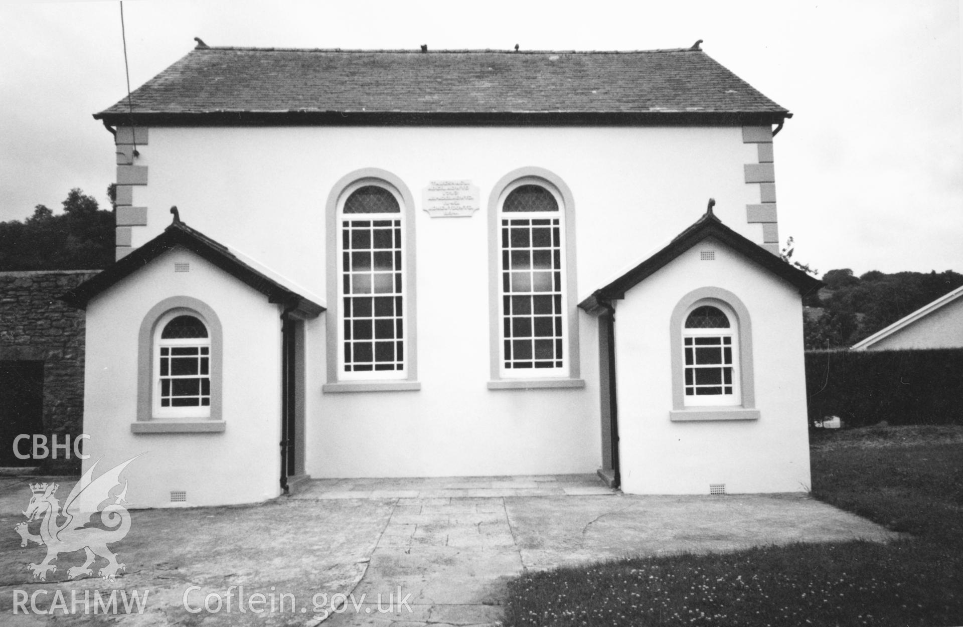 Digital copy of a black and white photograph showing an exterior view of Tabernacl Welsh Calvinistic Methodist Chapel, Llanddowror, taken by Robert Scourfield, 1996.