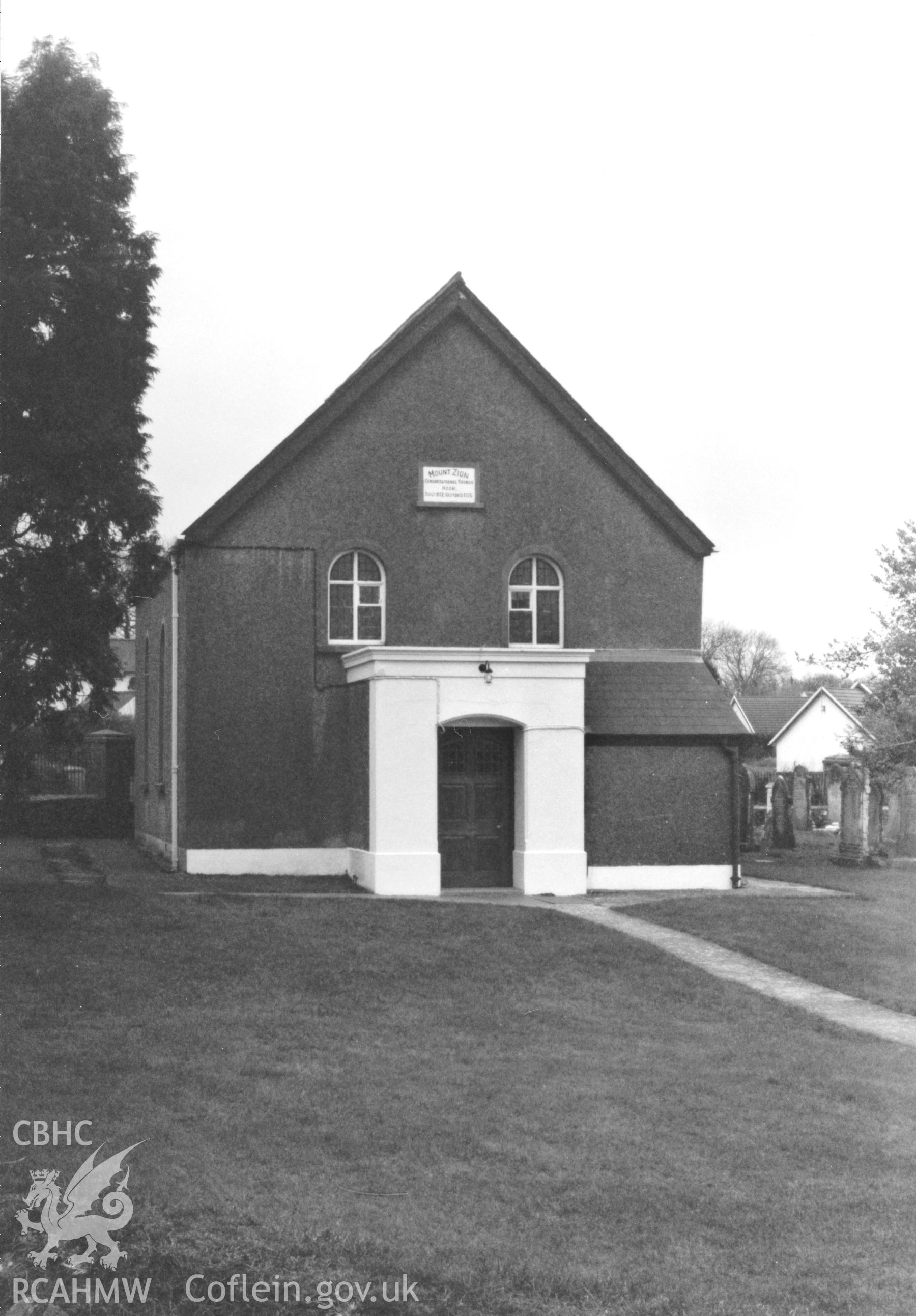 Digital copy of a black and white photograph showing an exterior view of Mount Zion Congregational Chapel, West Hook, taken by Robert Scourfield, 1996.