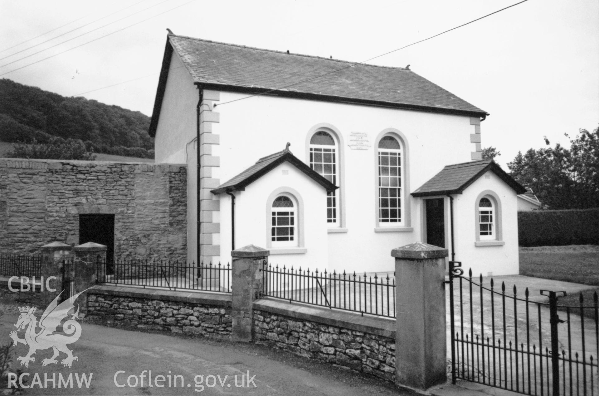 Digital copy of a black and white photograph showing an exterior view of Tabernacl Welsh Calvinistic Methodist Chapel, Llanddowror, taken by Robert Scourfield, 1996.