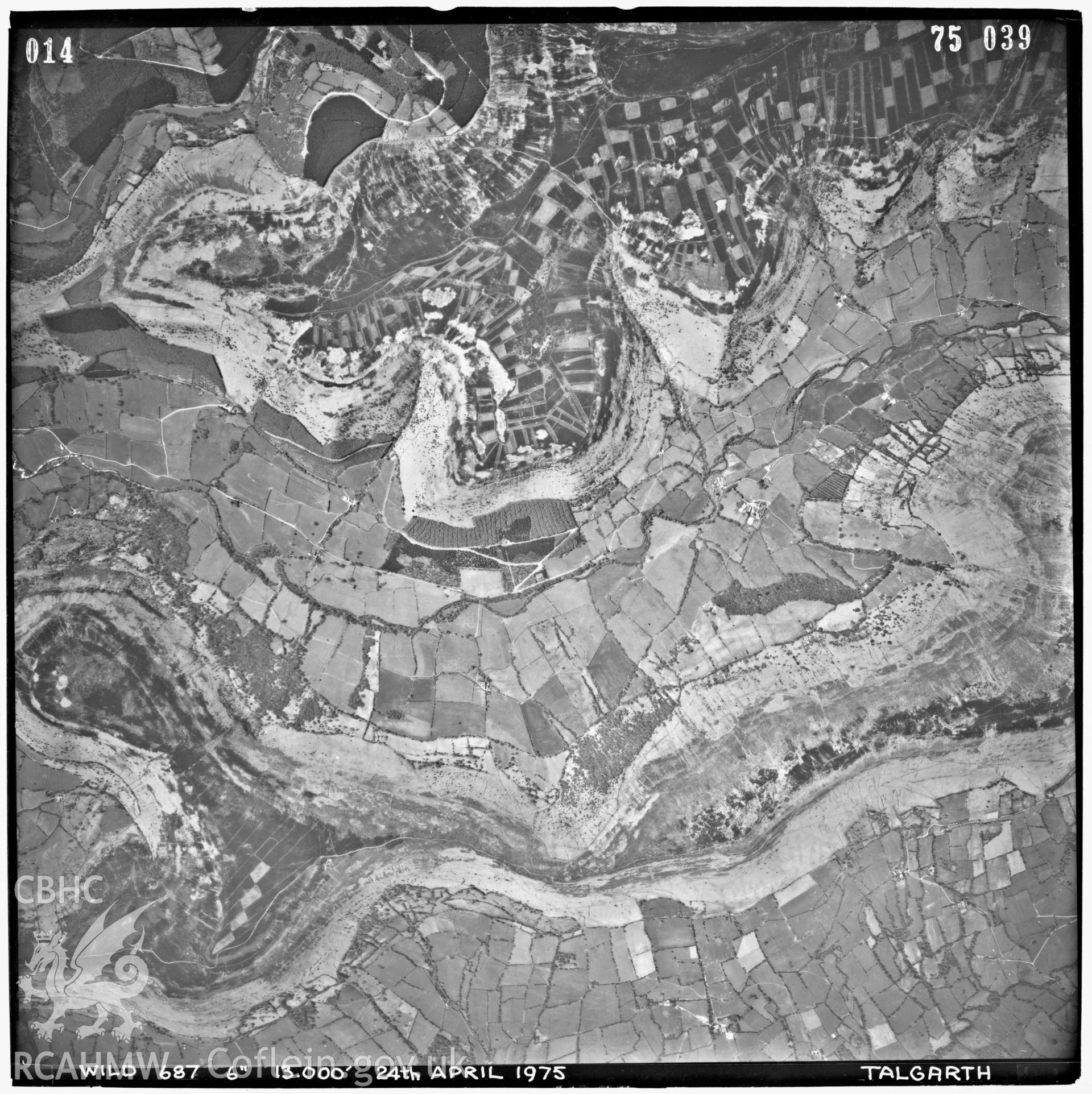 Digitized copy of an aerial photograph showing Llanthony Priory, taken by Ordnance Survey, 1975.