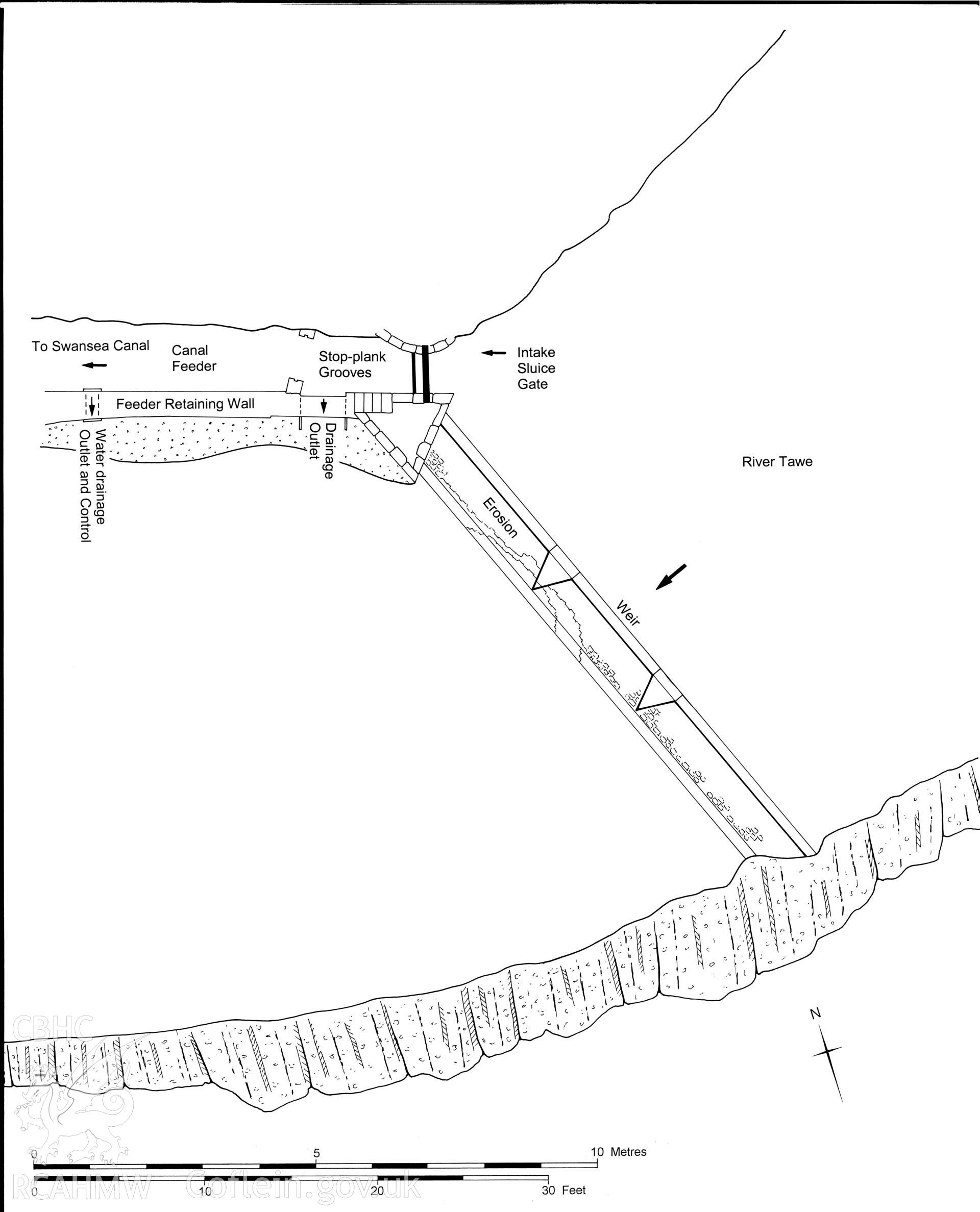 Measured drawing showing plan and elevation of the Abercraf Canal Feeder Weir, produced by C.W. Green, 2007.