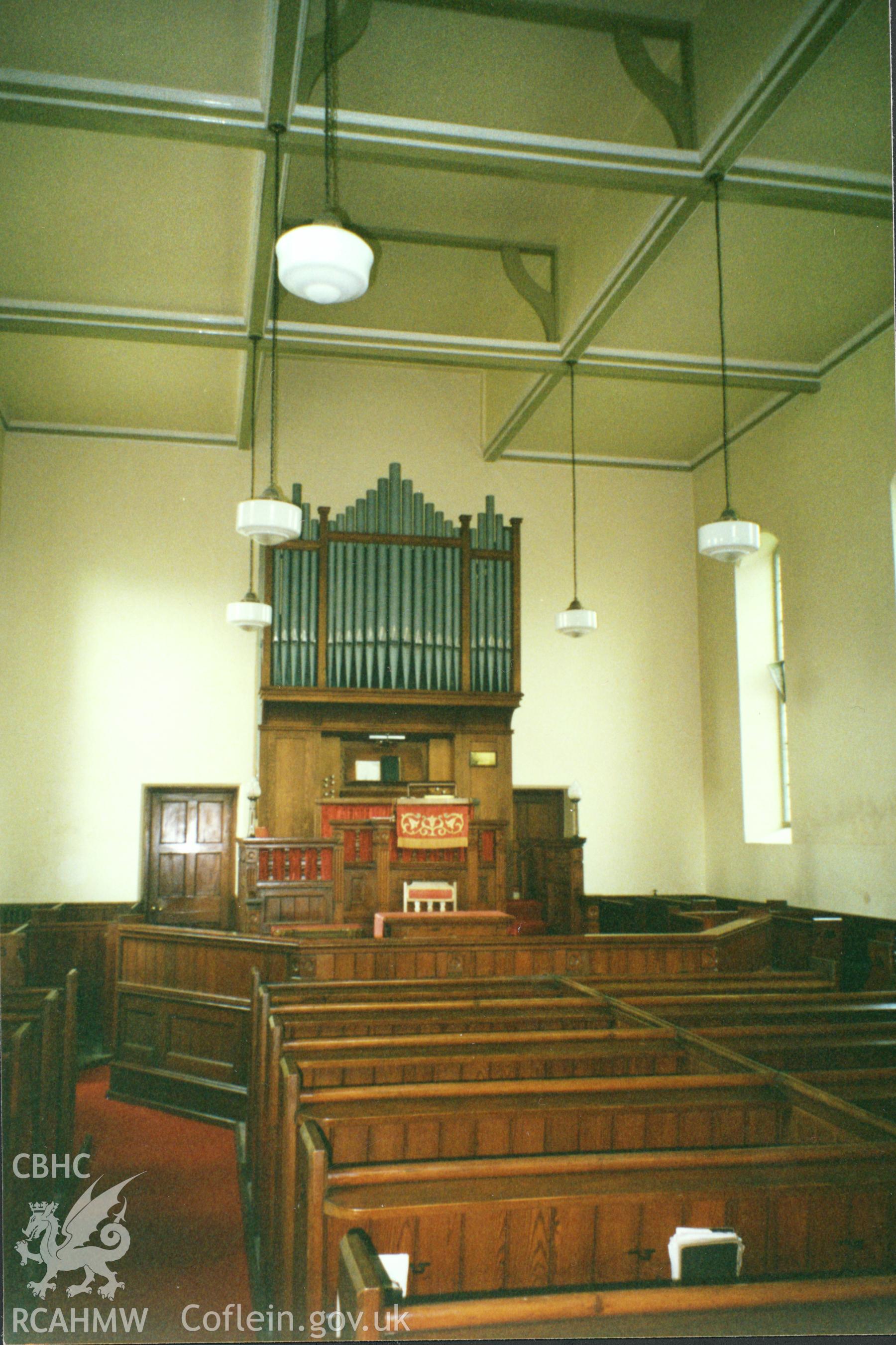 Digital copy of a colour photograph showing an interior view of Bethania Welsh Calvinistic Methodist Chapel, Priory Street, Carmarthen, taken by Robert Scourfield, 1996.