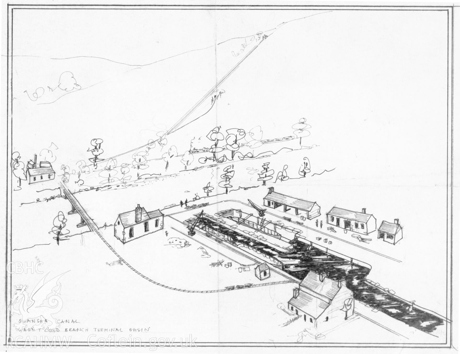 Copy of a perspective sketch by Douglas Hague, showing Waun y Coed Canal Dock, dated 1975.